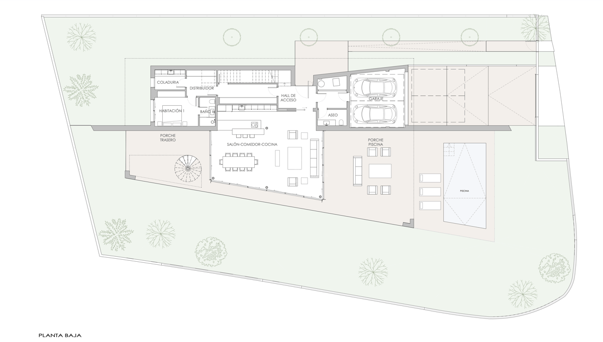 Plan architectural montrant le rez-de-chaussée avec salon ouvert, garage double et espace piscine.