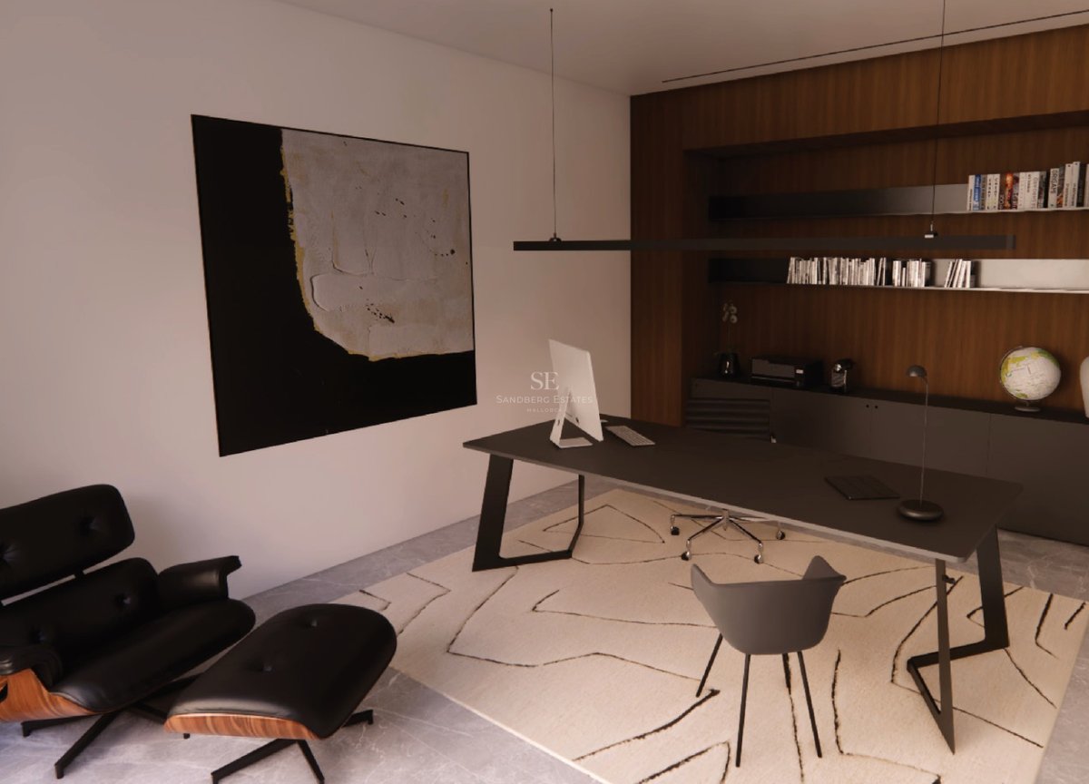 Bureau à domicile moderne avec bureau noir, fauteuil Eames, boiseries en noyer et art abstrait.