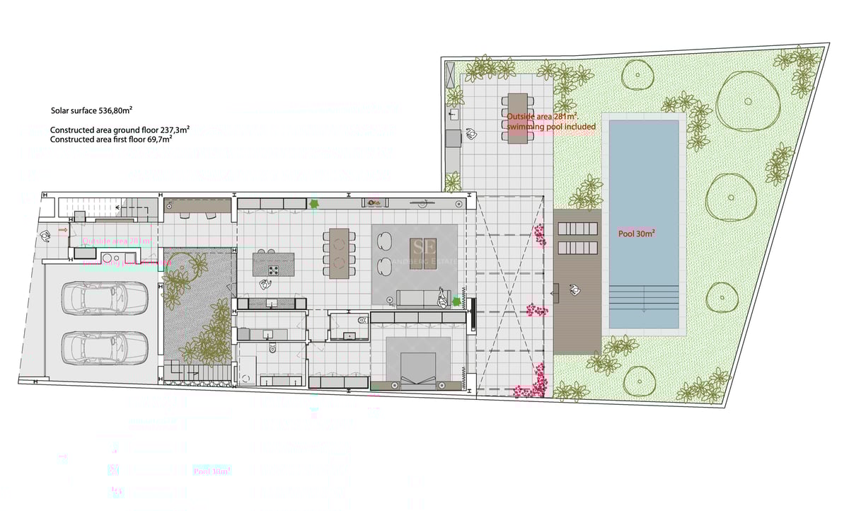 Plan architectural d'une villa moderne avec intérieur ouvert, double garage, piscine et jardin.