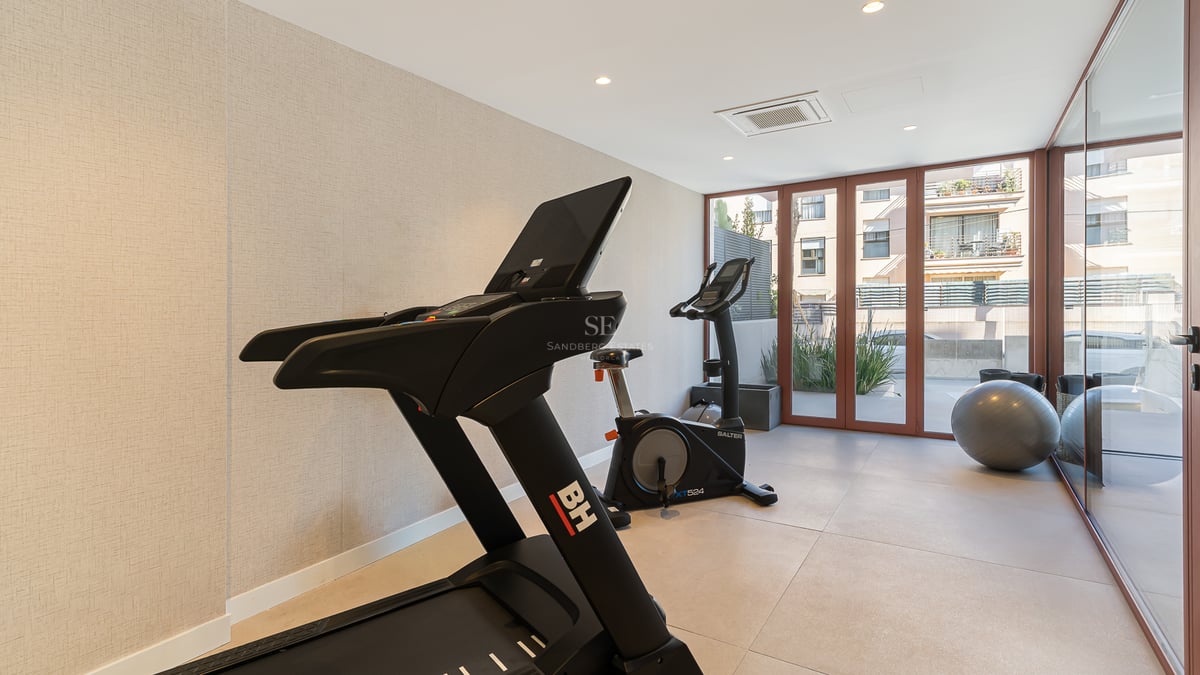Modern indoor fitness room featuring a treadmill, exercise bike, and floor-to-ceiling windows overlooking a patio.