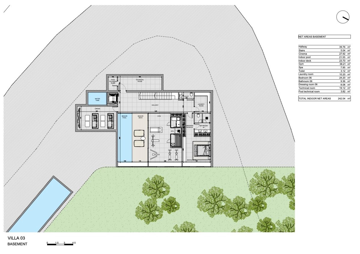 Architectural floor plan of a luxury villa basement featuring an indoor pool, gym, cinema, and guest suite.