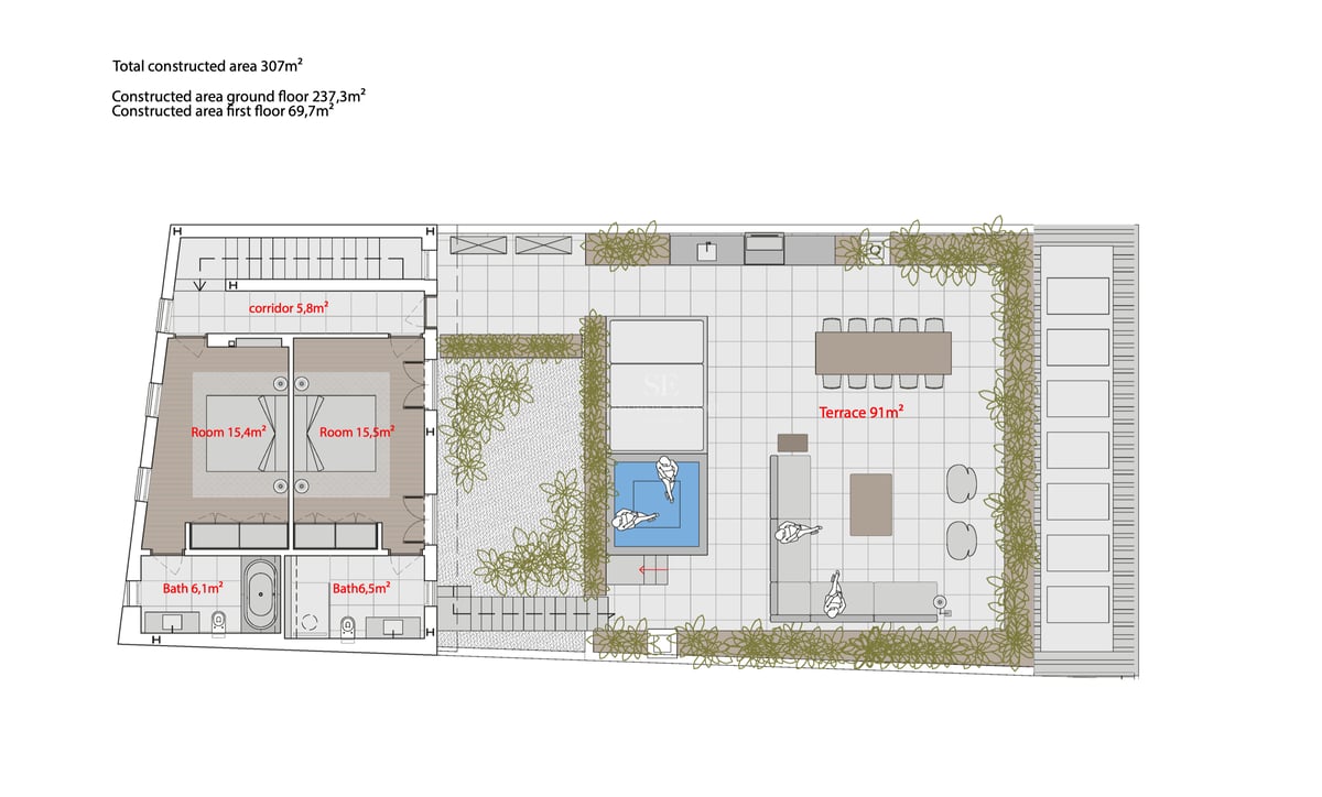 Plan d'architecte montrant deux chambres avec salles de bains attenantes et une grande terrasse de 91 mètres carrés.