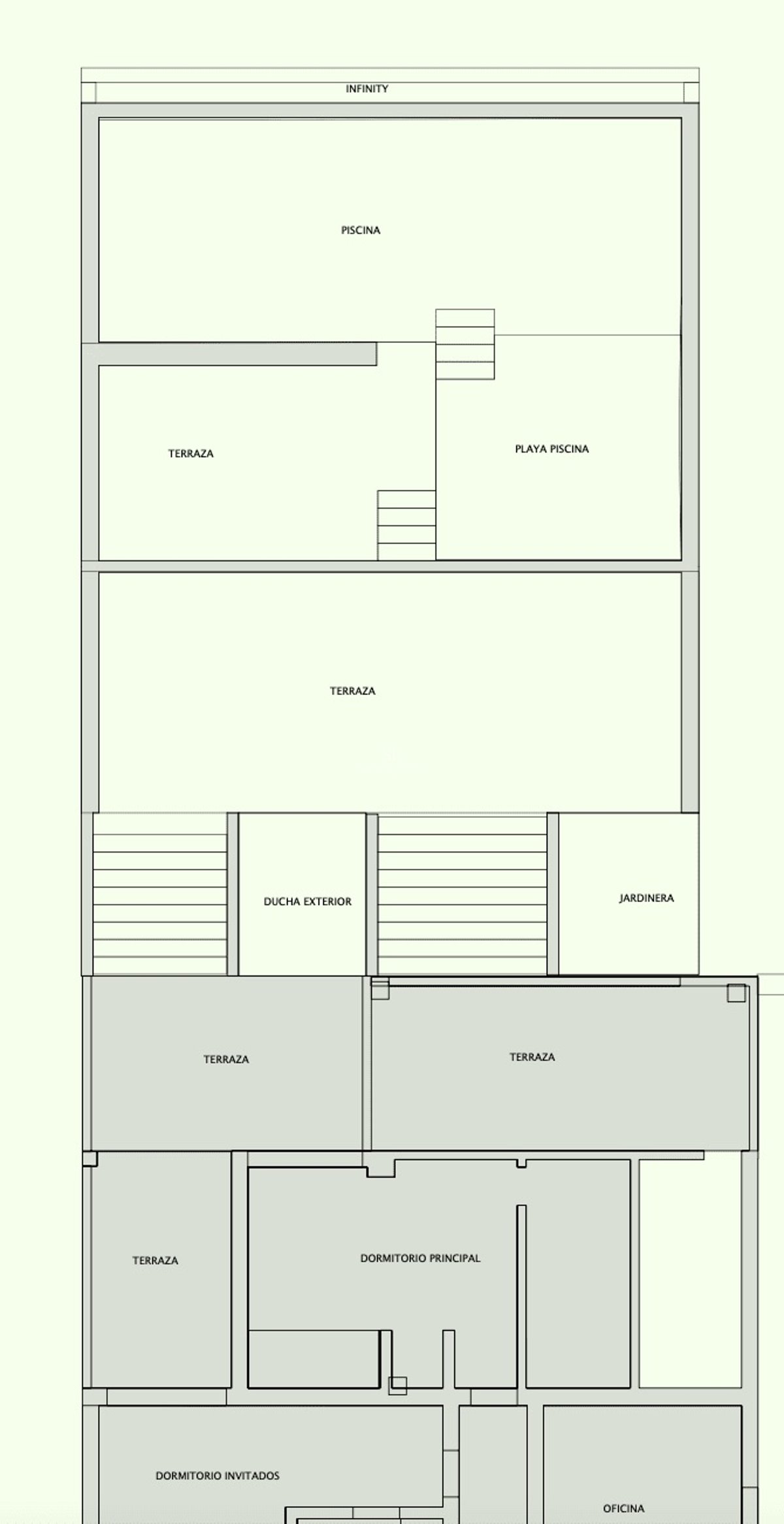 Technische 2D-Zeichnung der Raumaufteilung mit Hauptschlafzimmer, Büro, Außenbereichen und Infinity-Pool.