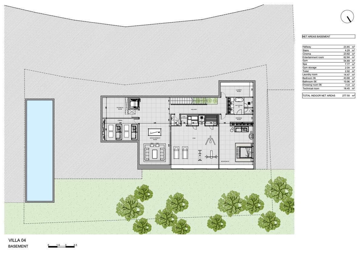 Plan d'étage technique du sous-sol d'une villa de luxe comprenant un cinéma, une salle de sport et un spa.