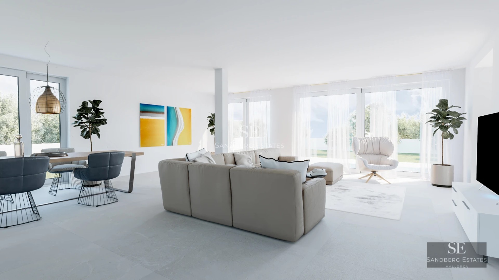 Exterior view of a modern villa with infinity pool, lush greenery, and minimalist architecture. White facade and large windows.