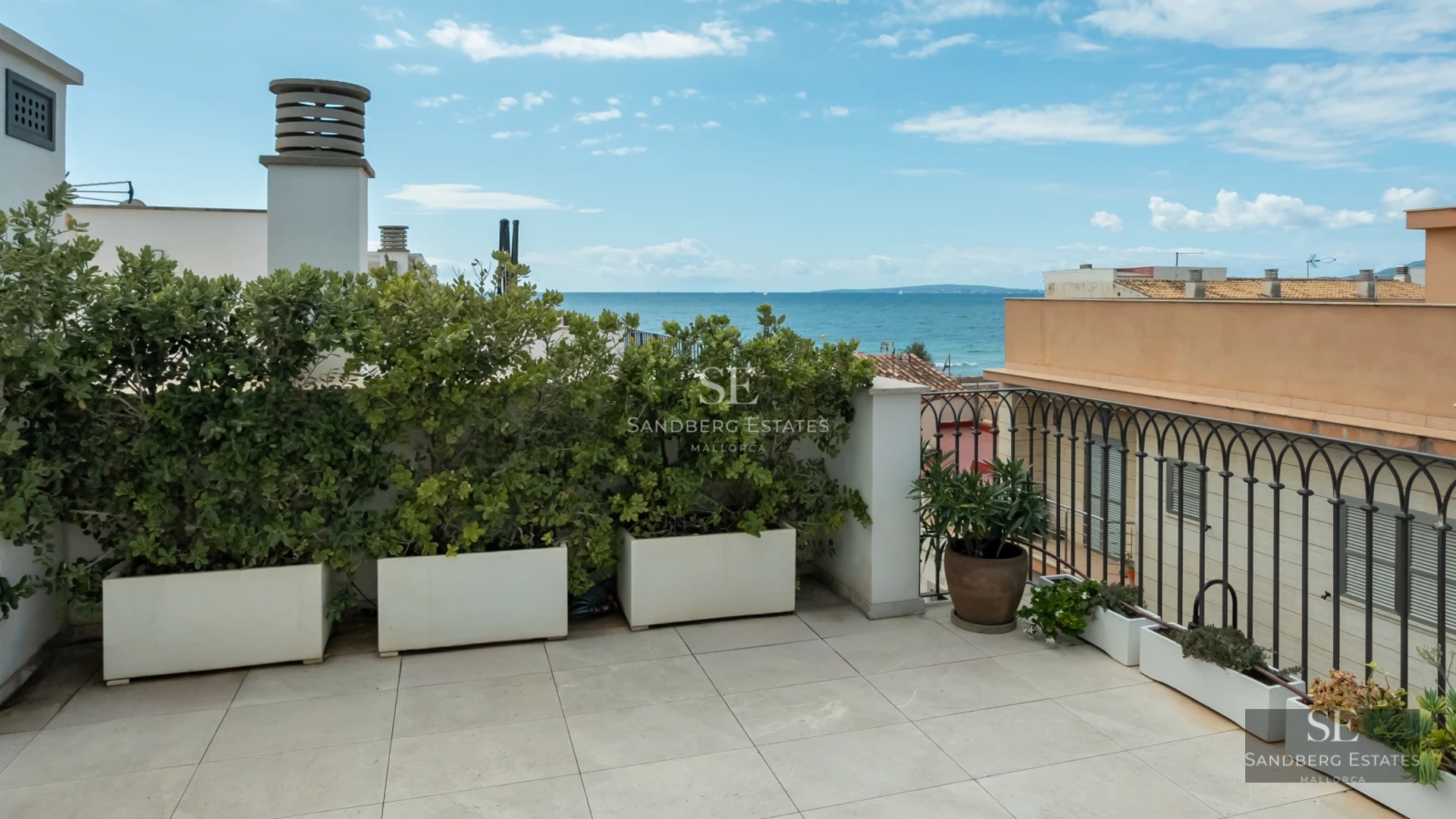 View of a luxurious garden with a pool, sun loungers, and lush vegetation. Modern architecture with large windows.