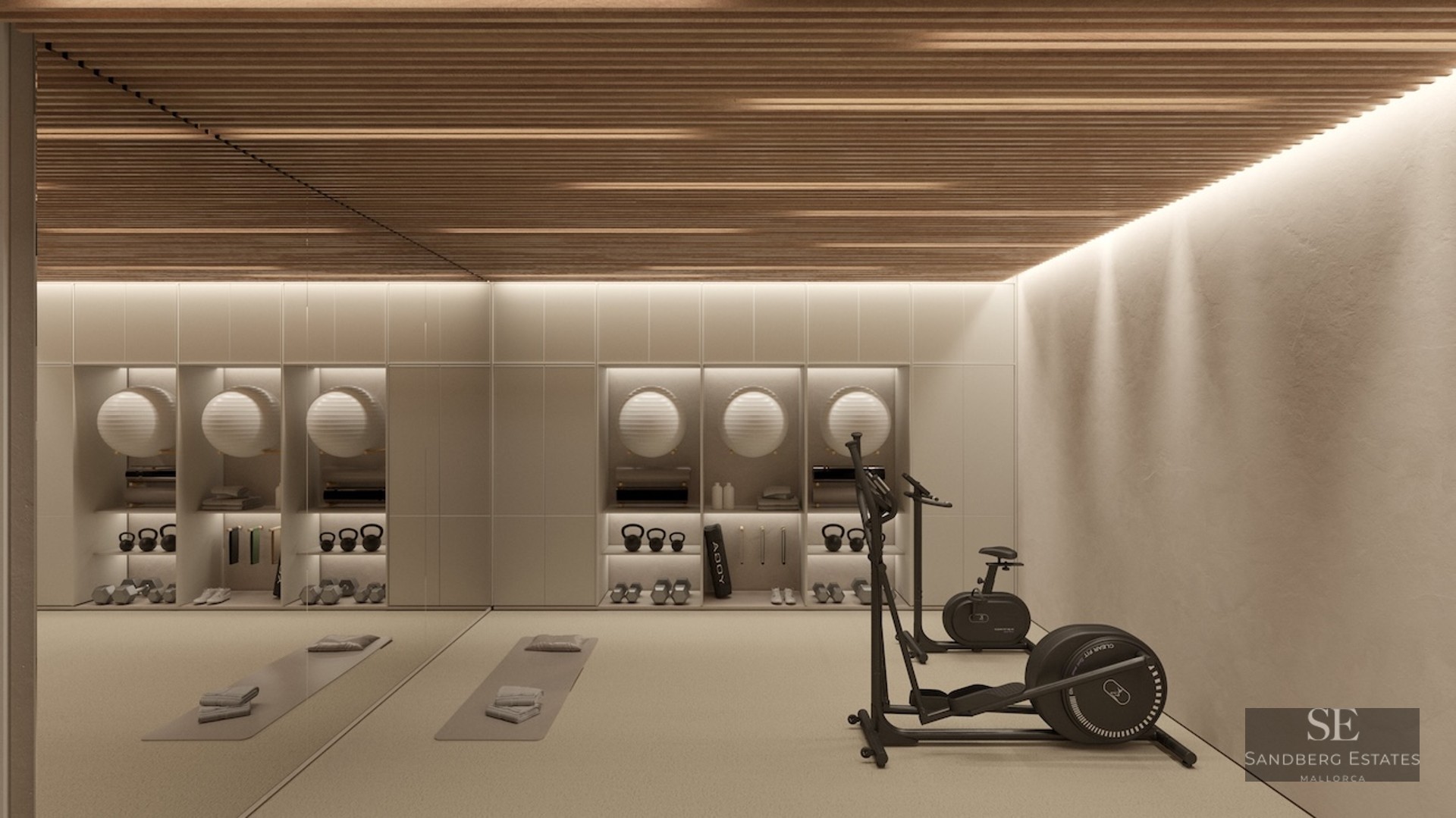 A modern gym with wood slat ceiling, cardio machines, yoga mats, and neatly organized weights in wall niches.