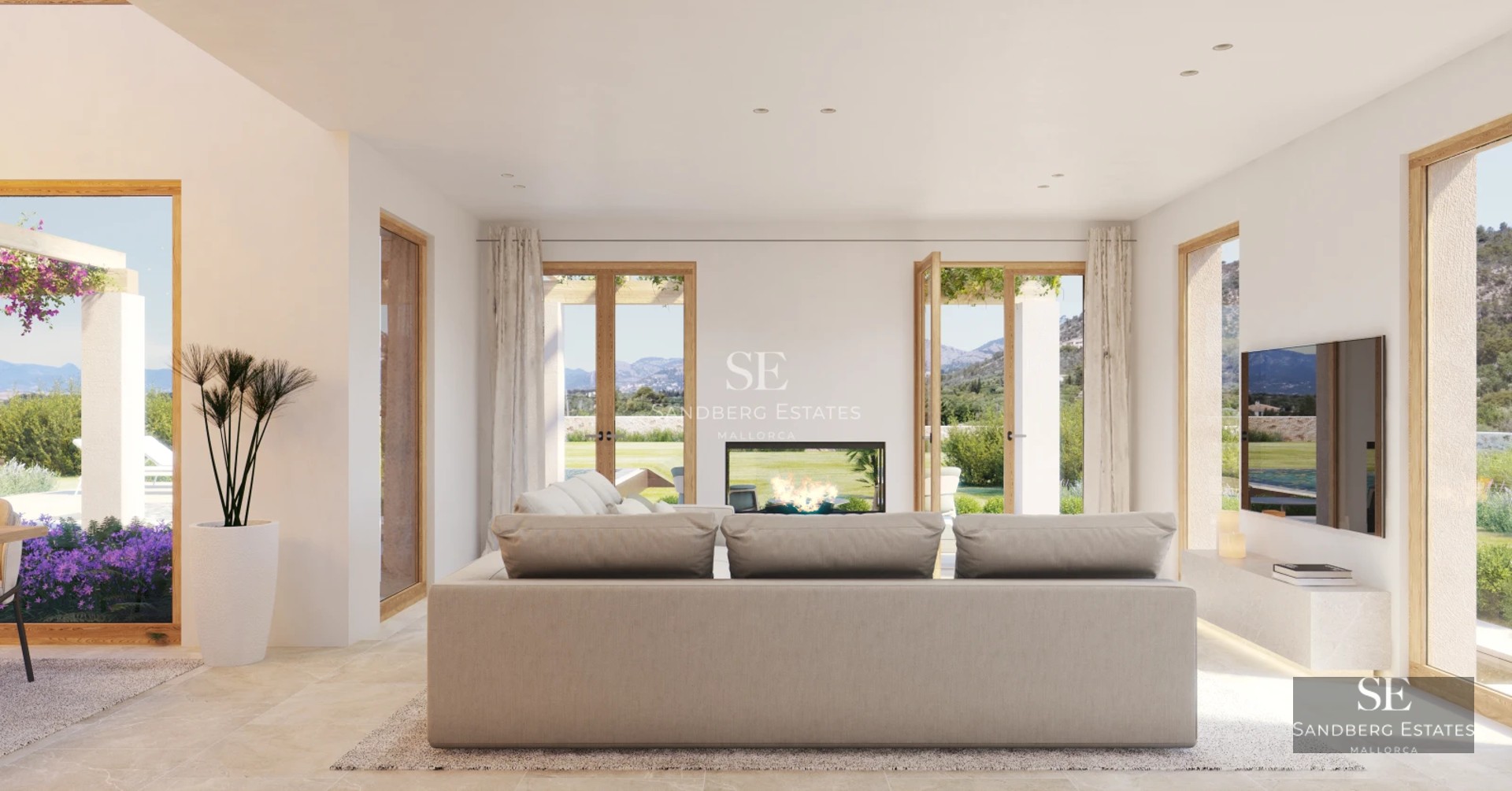 Large pool with wooden deck, sun loungers, and a modern design house with large windows. Lush garden.