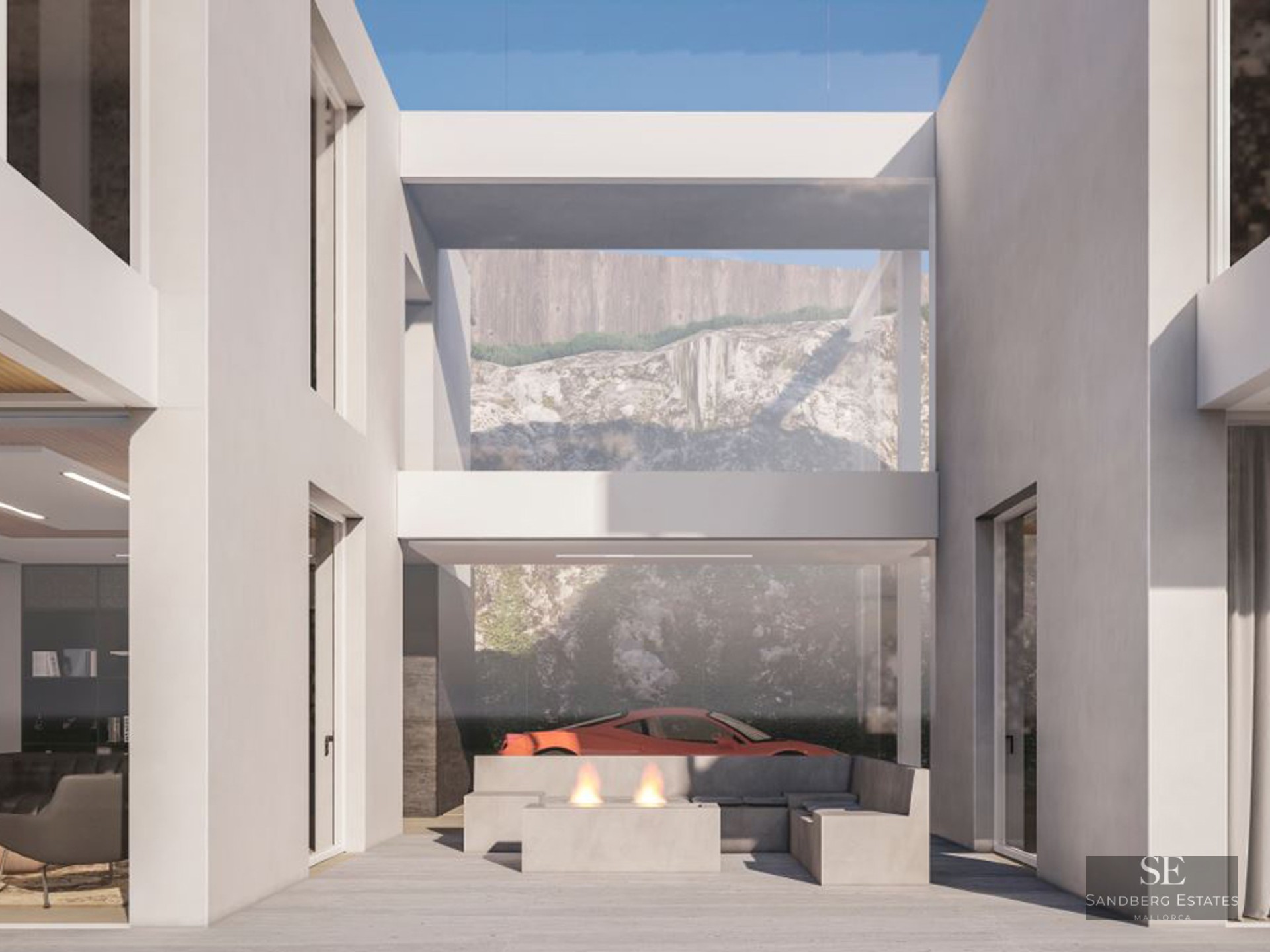 Minimalist white terrace featuring a modern fire pit, concrete seating, and a red sports car visible in the background.
