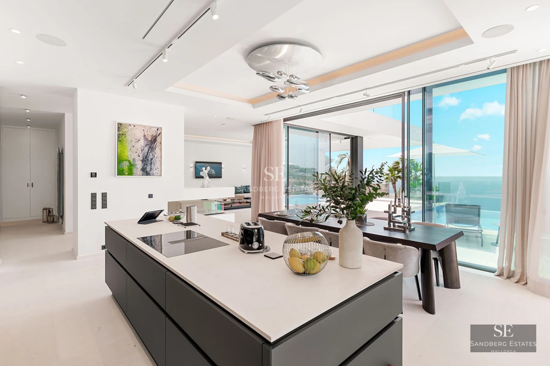 Exterior view of a modern villa with reflecting pool, lush vegetation, and minimalist architecture.