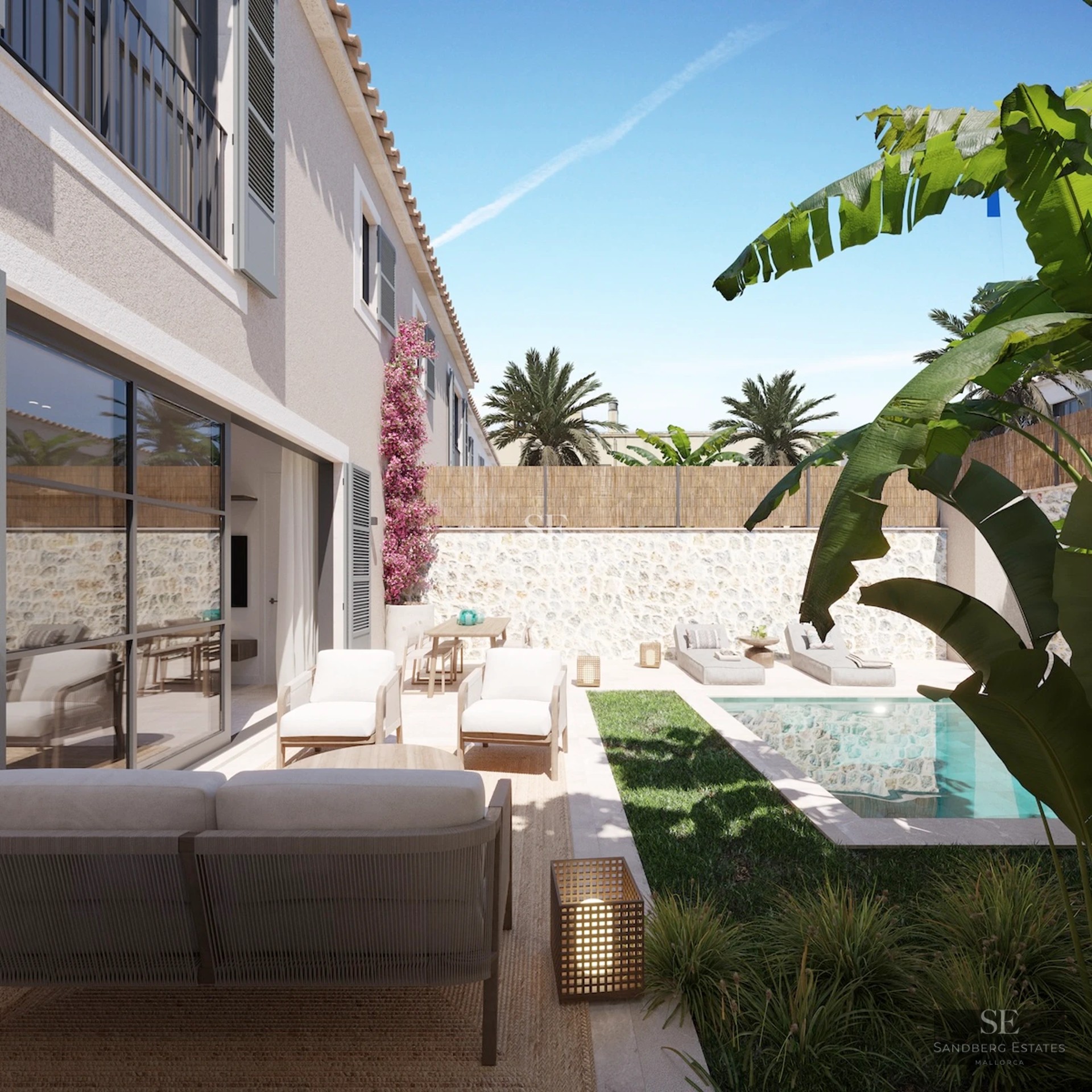 View of a modern pool with sun loungers, umbrellas, and lush greenery in a luxurious setting. Natural lighting and minimalist design.