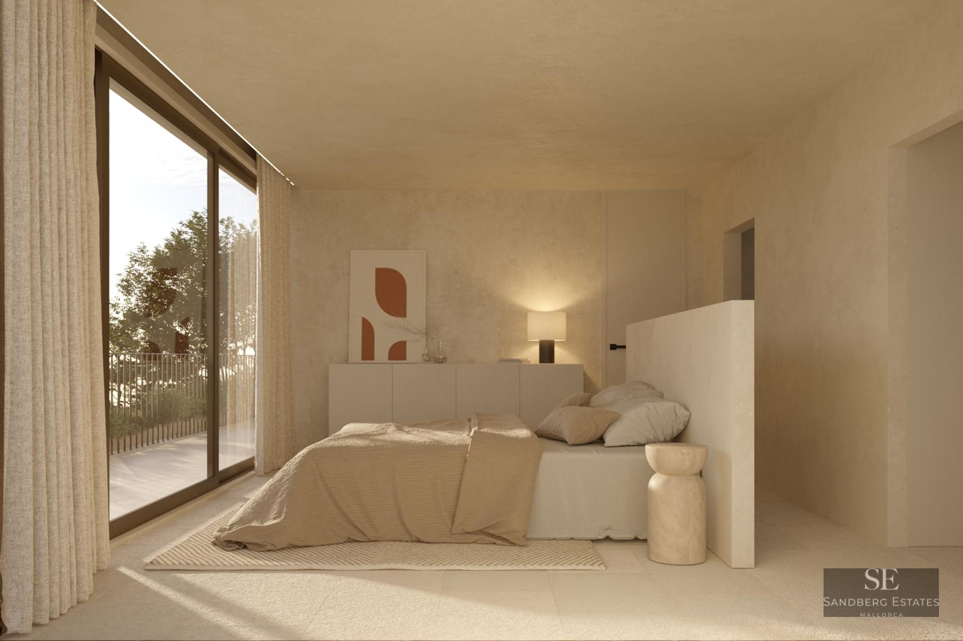 A serene, minimalist master bedroom with a beige palette, floor-to-ceiling windows, and soft ambient lighting.