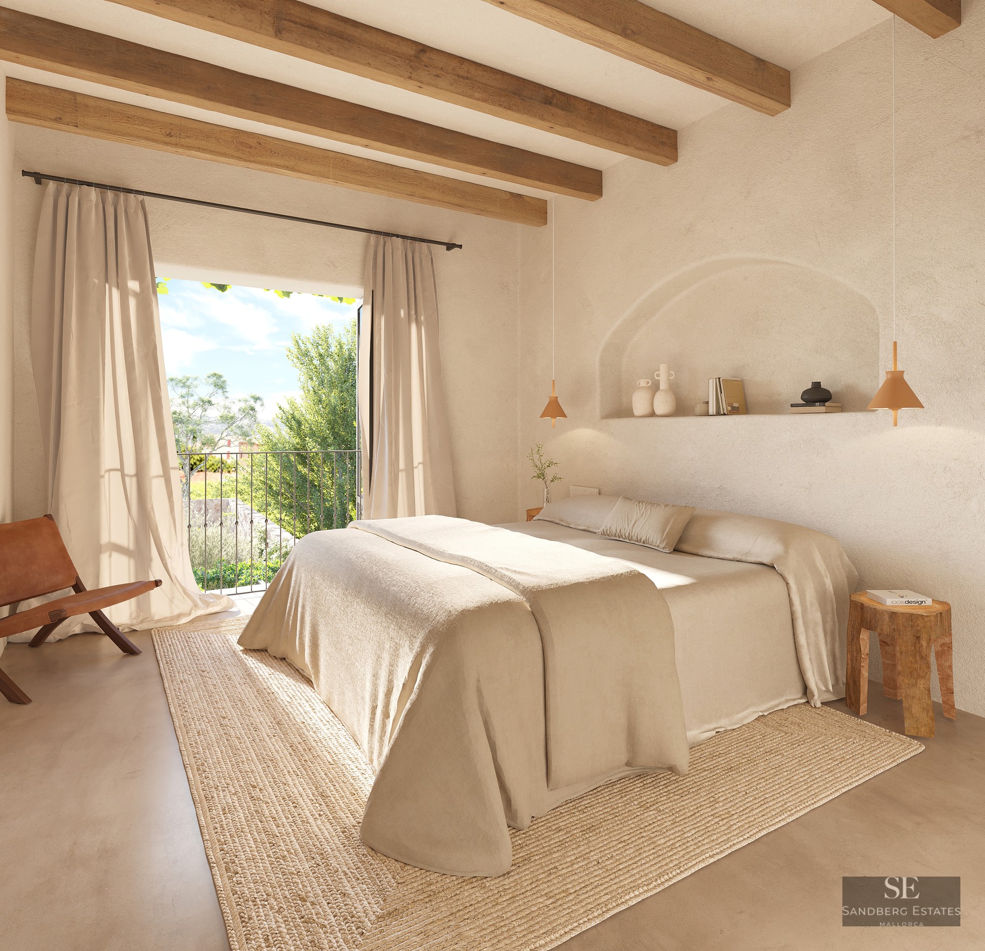 Bright bedroom featuring a large bed, wooden ceiling beams, an arched wall niche, and a balcony viewing lush trees.