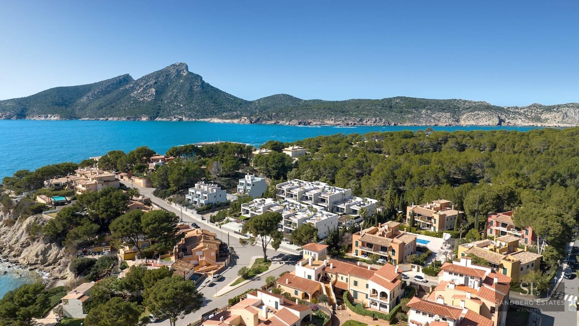 Aerial view of coastal villas nestled in pine forests by a turquoise sea with a large mountain peak in the background.