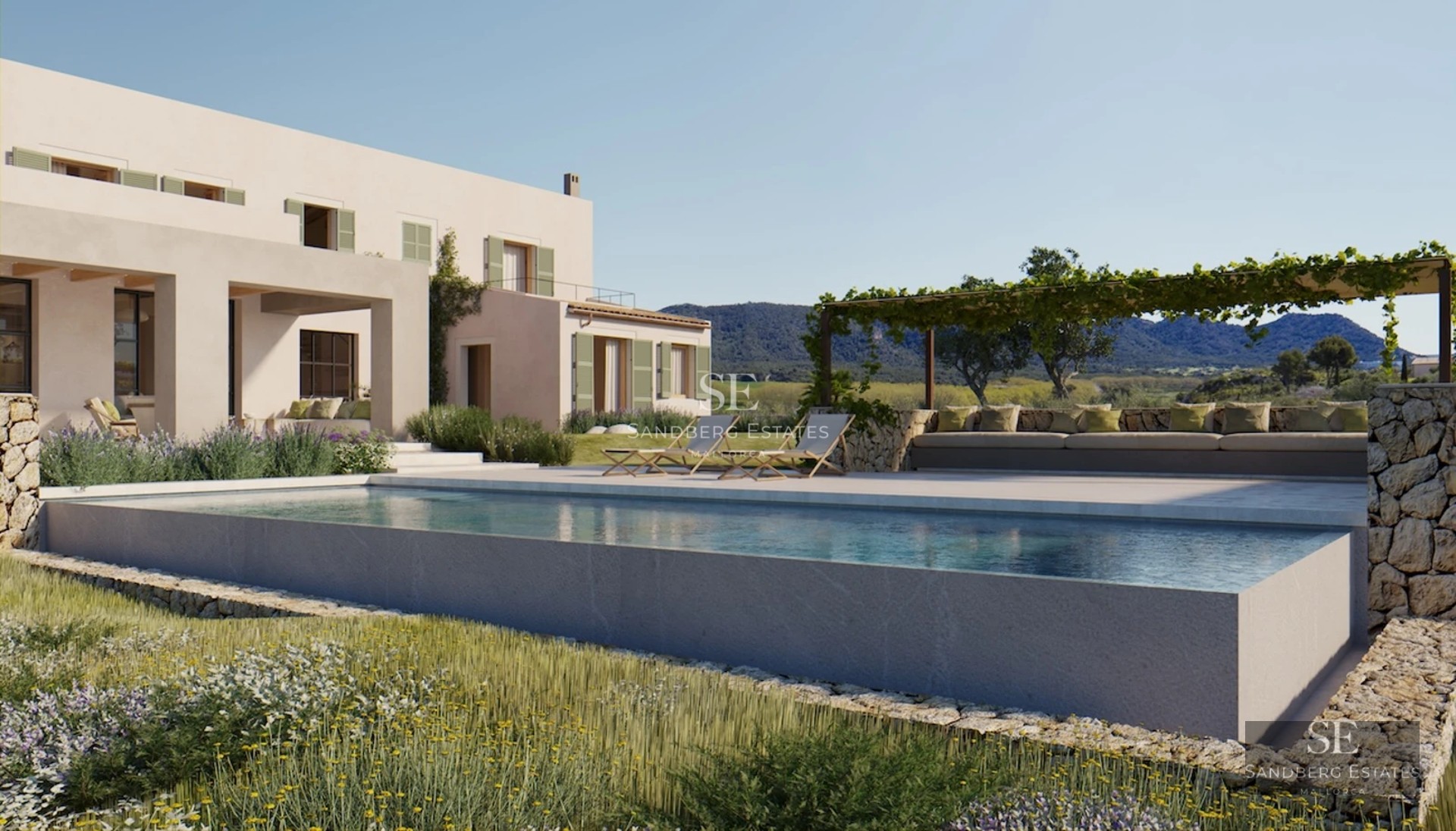 Spacious living room with window walls, gray modular sofa, fireplace, and wood floor. Modern and bright design. Exterior views.