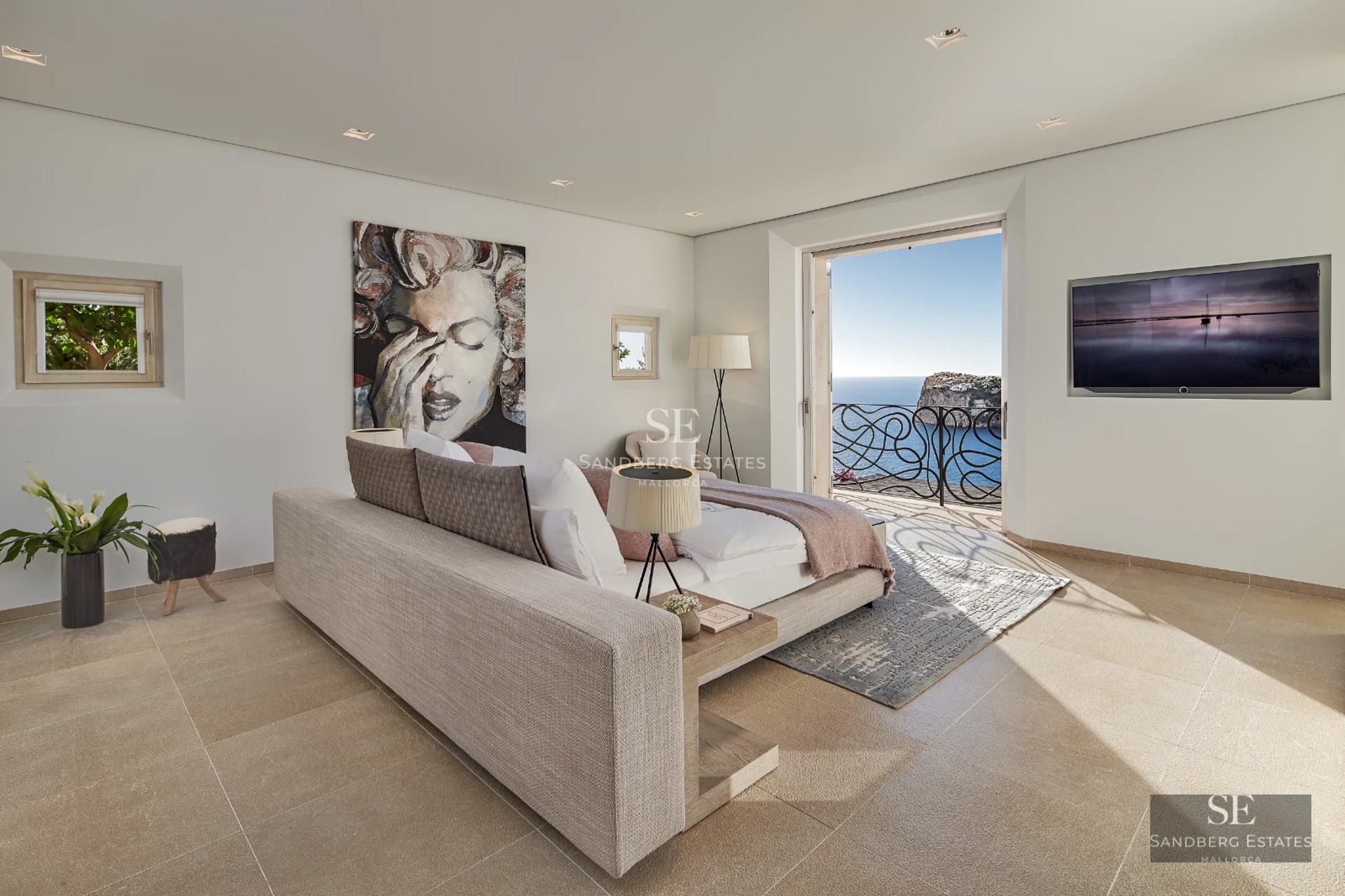 Modern exterior with reflective pool, manicured garden, and large windows offering brightness and panoramic views.