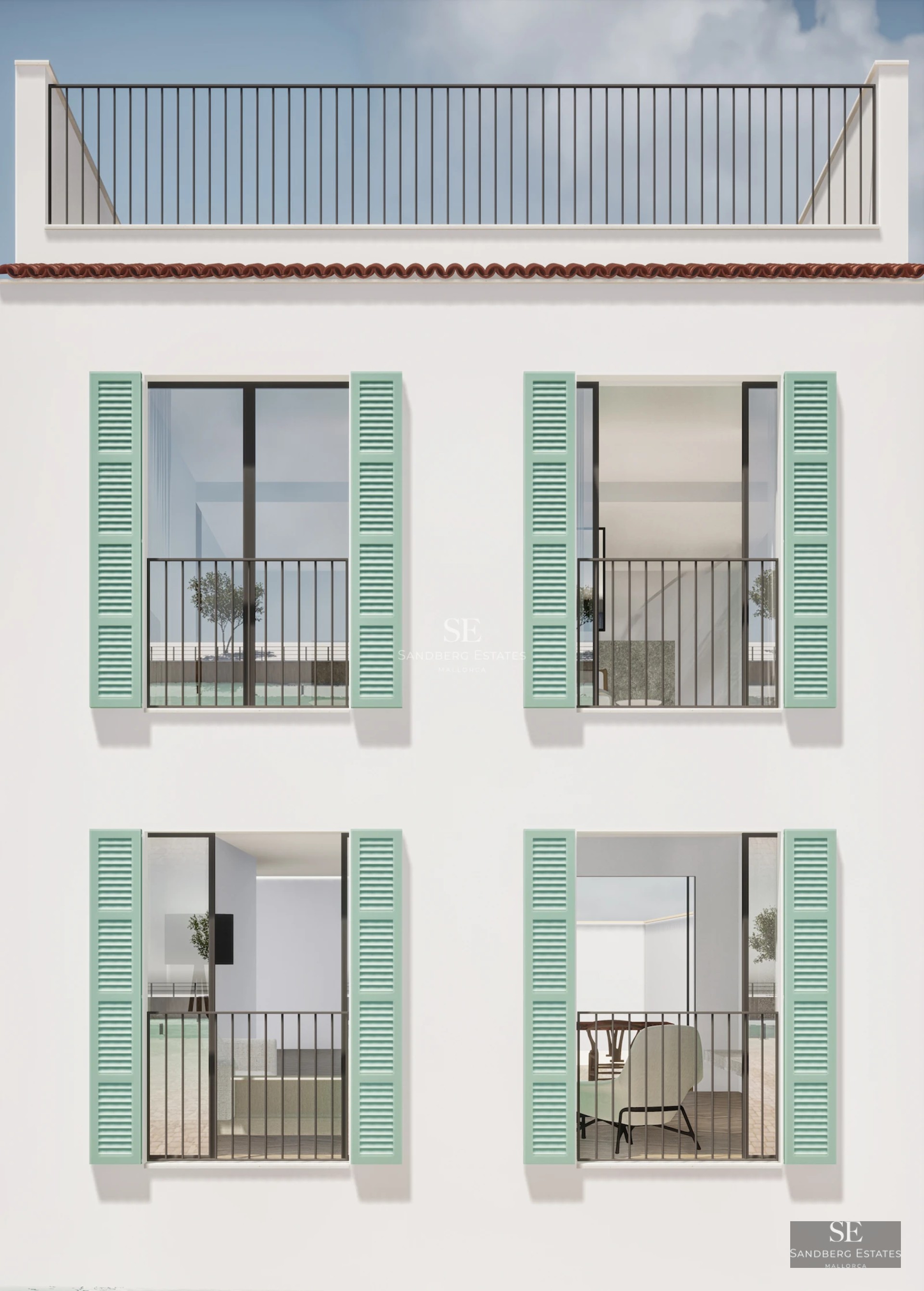 Spacious living room with floor-to-ceiling windows, light wood floors, designer furniture, and terrace access. Natural light and open views.