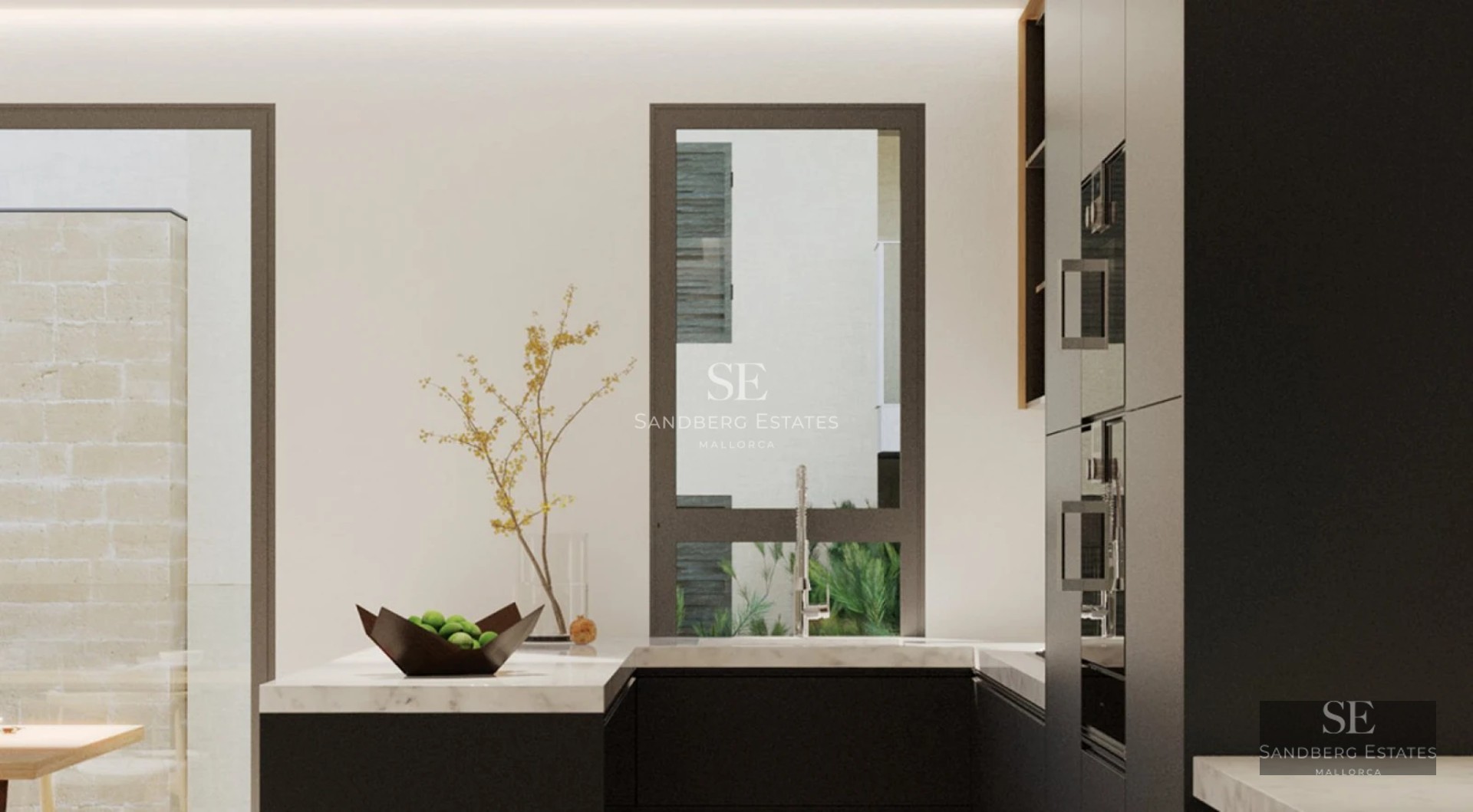 Bright interior view with a modern fireplace, large windows, and designer furniture in neutral tones.