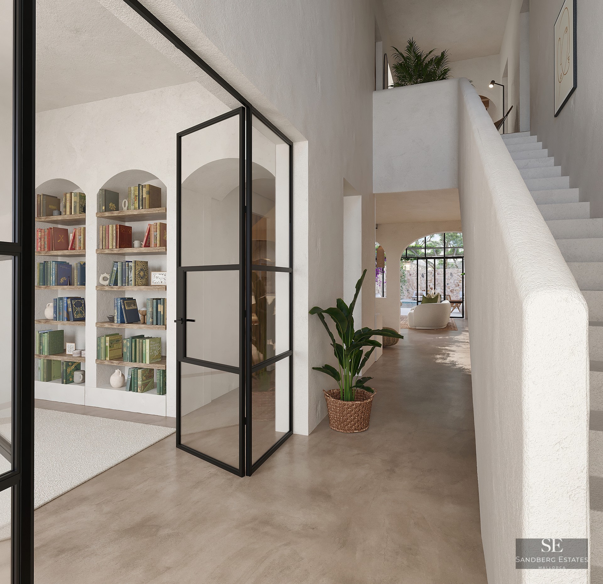 Bright hallway featuring arched built-in bookshelves, black-framed glass doors, and a minimalist white staircase.