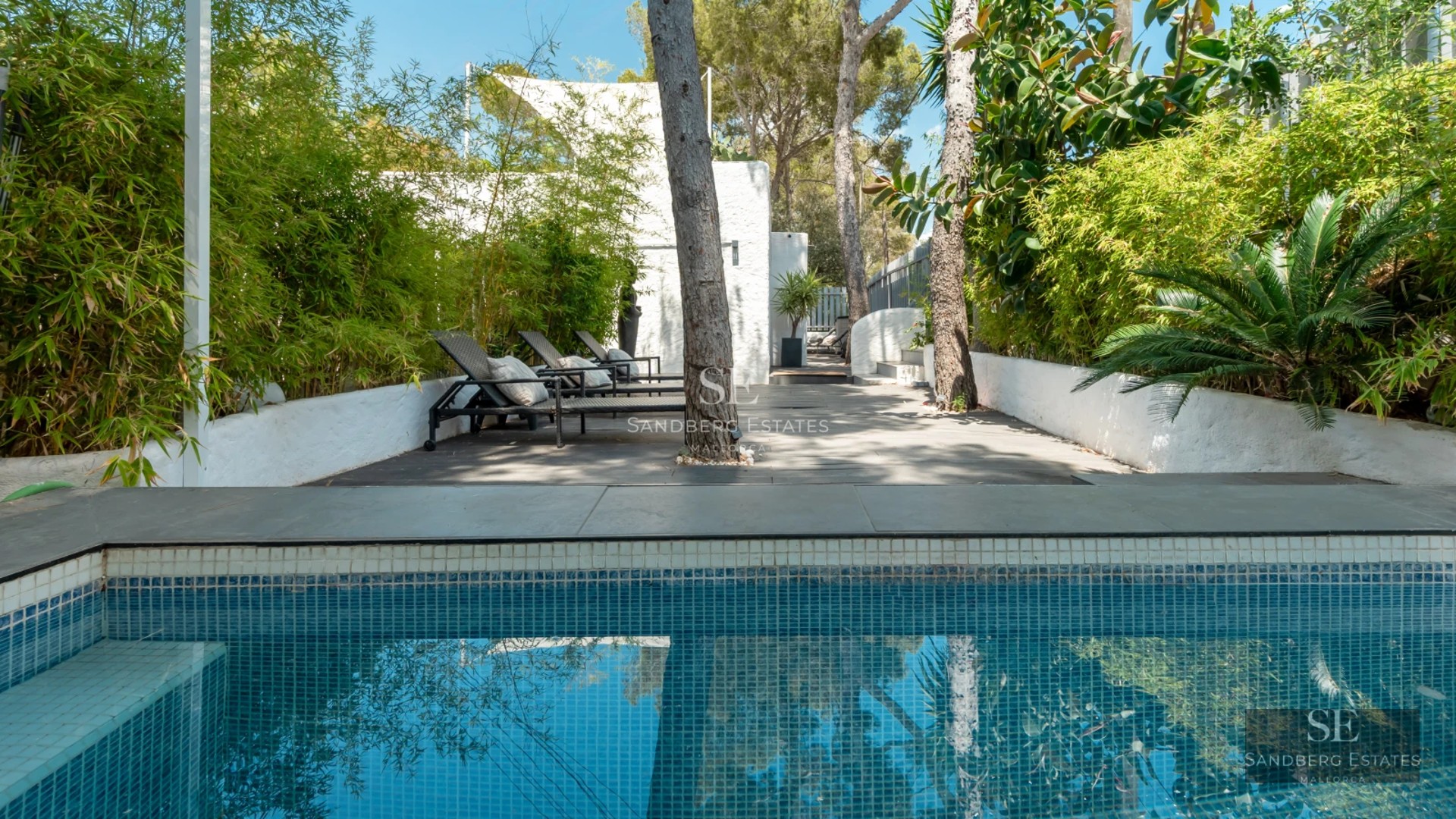 Infinity pool view with manicured lawn and modern architecture. Ideal for relaxation and outdoor entertainment.