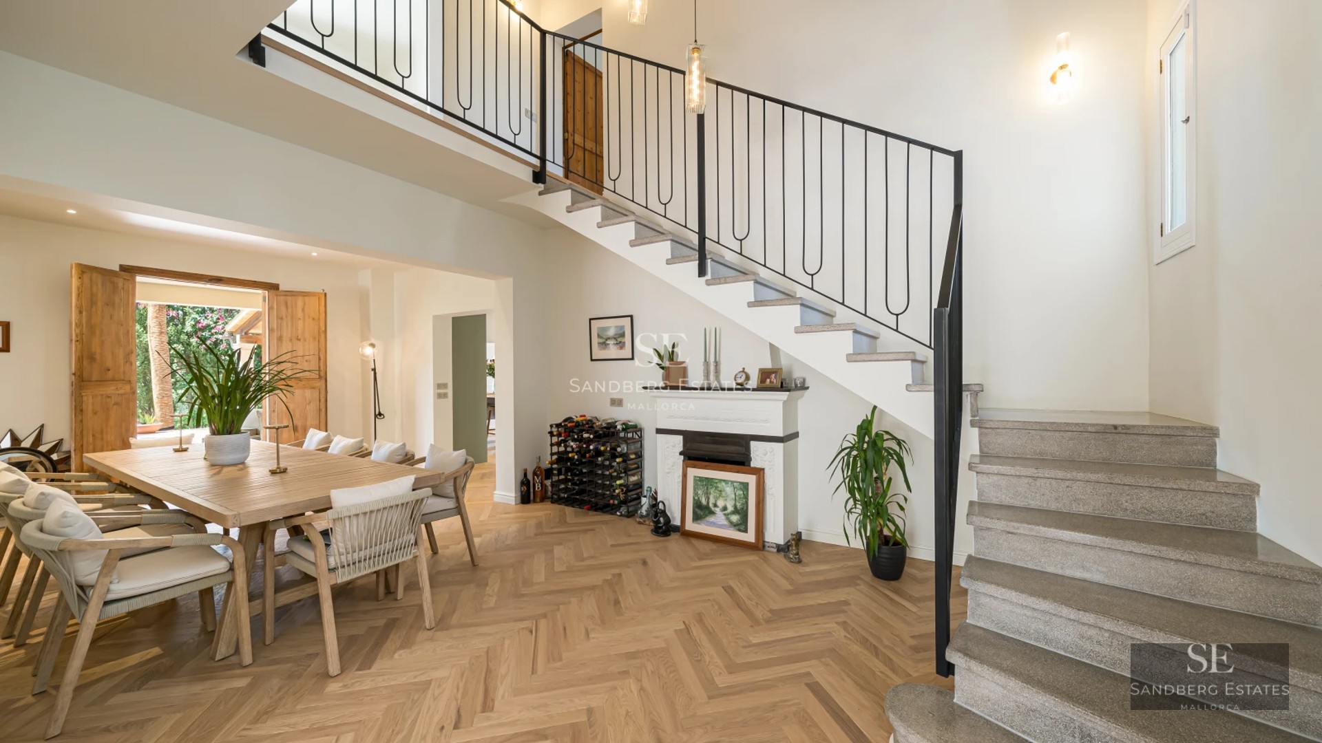 Modern facade with large windows, reflective pool, and lush garden. Minimalist architecture with natural stone accents.