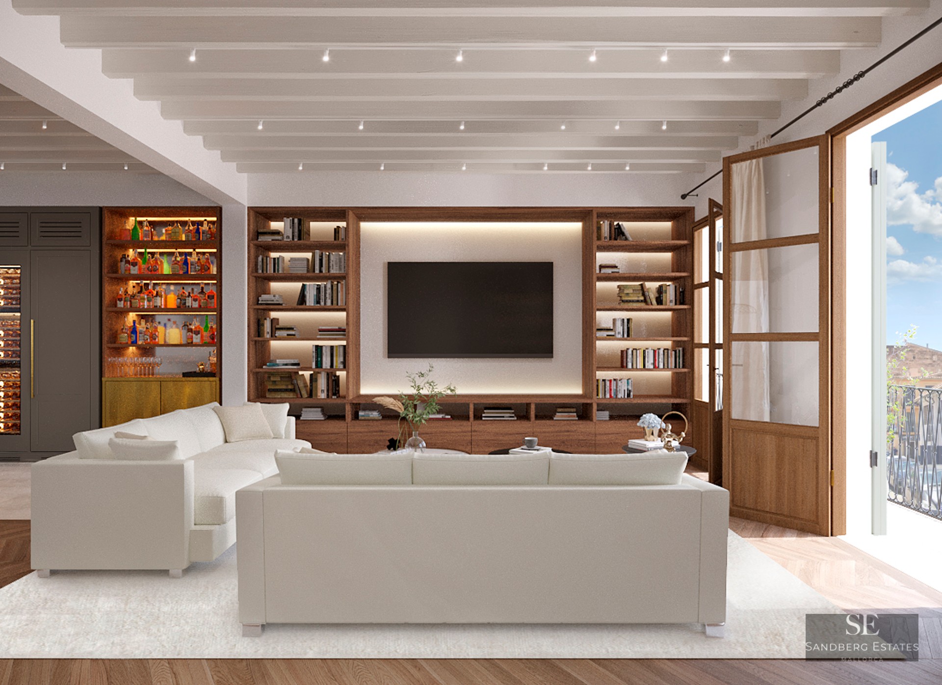 Modern living room featuring white sofas, a large wooden built-in library with TV, a home bar, and white beamed ceilings.