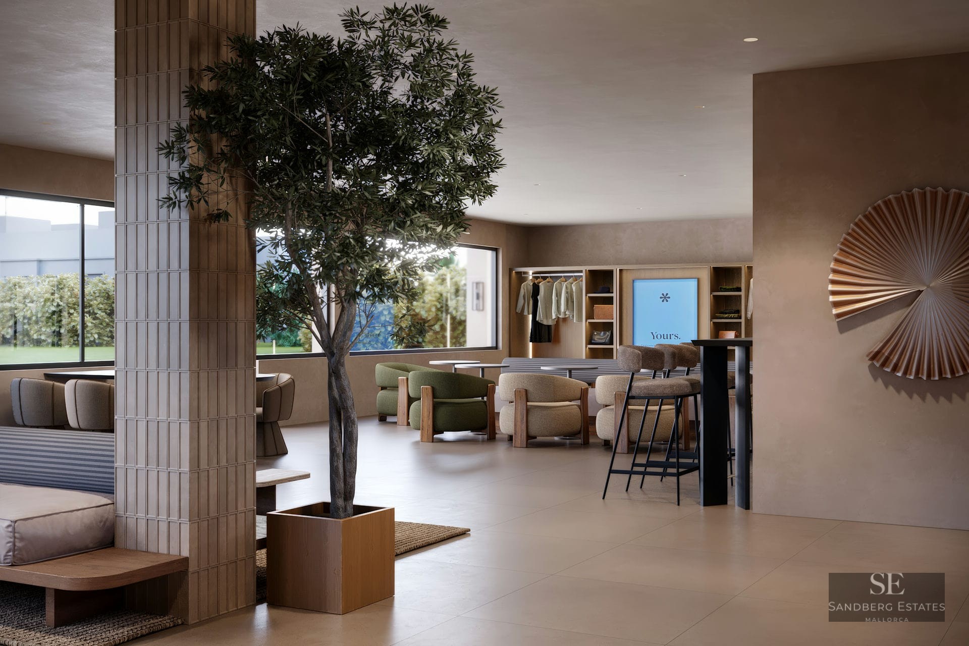 Hall moderne avec un arbre d'intérieur, des fauteuils vert olive, des piliers carrelés et de grandes fenêtres.