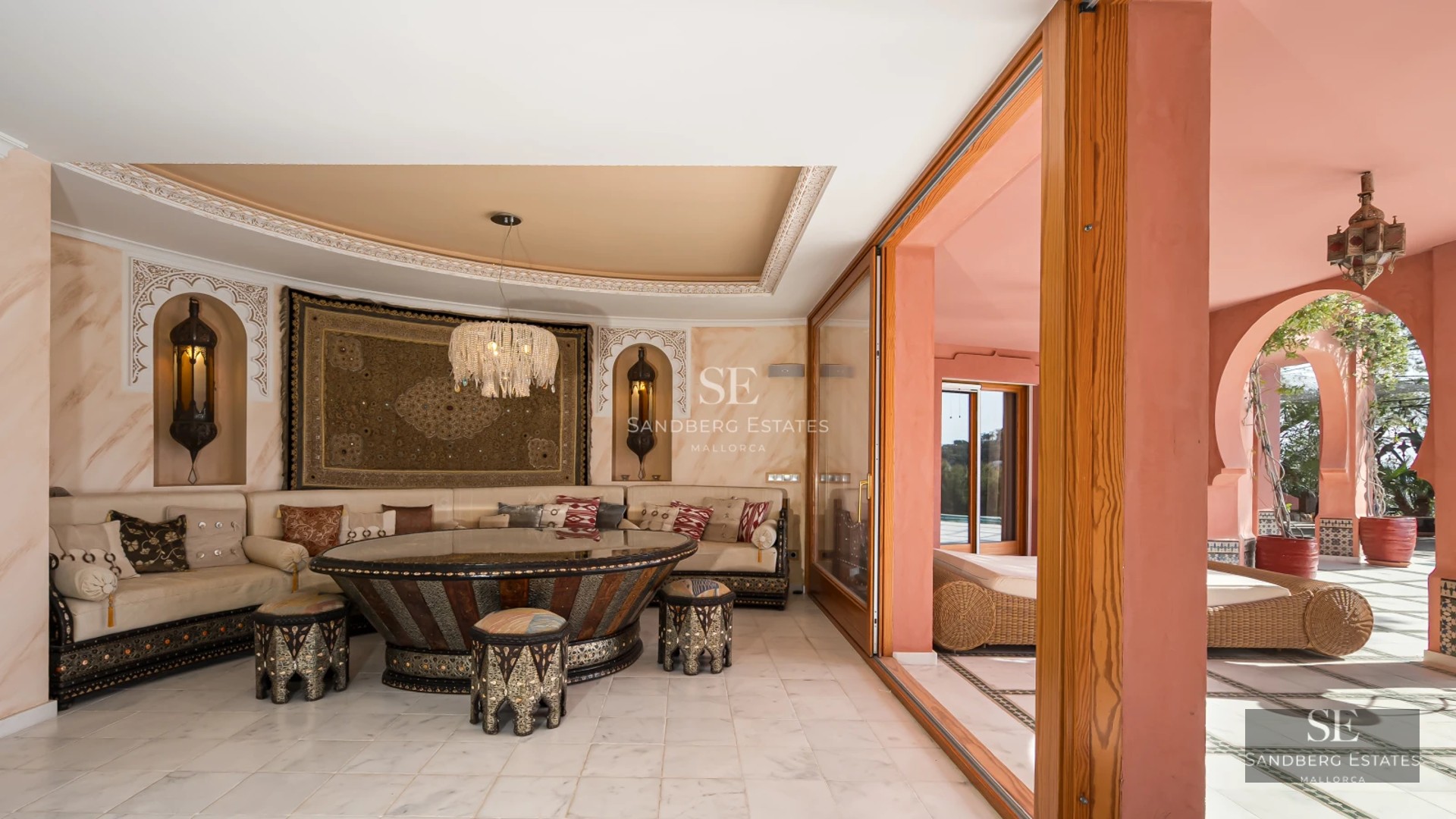 Exterior of a modern house with infinity pool. Sleek design, large windows, and manicured garden. Ambient lighting.