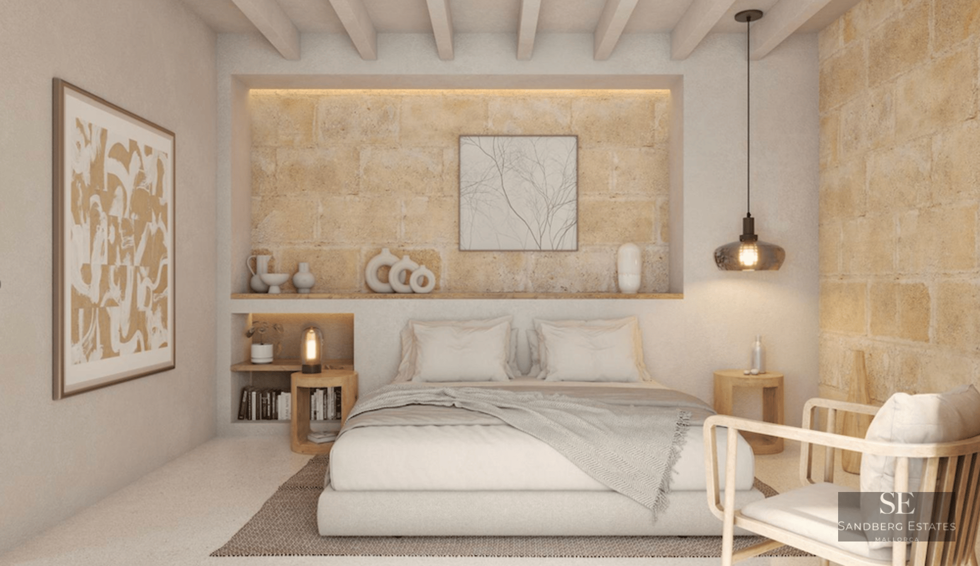 Minimalist bedroom featuring a textured stone accent wall, wooden ceiling beams, and warm ambient lighting.