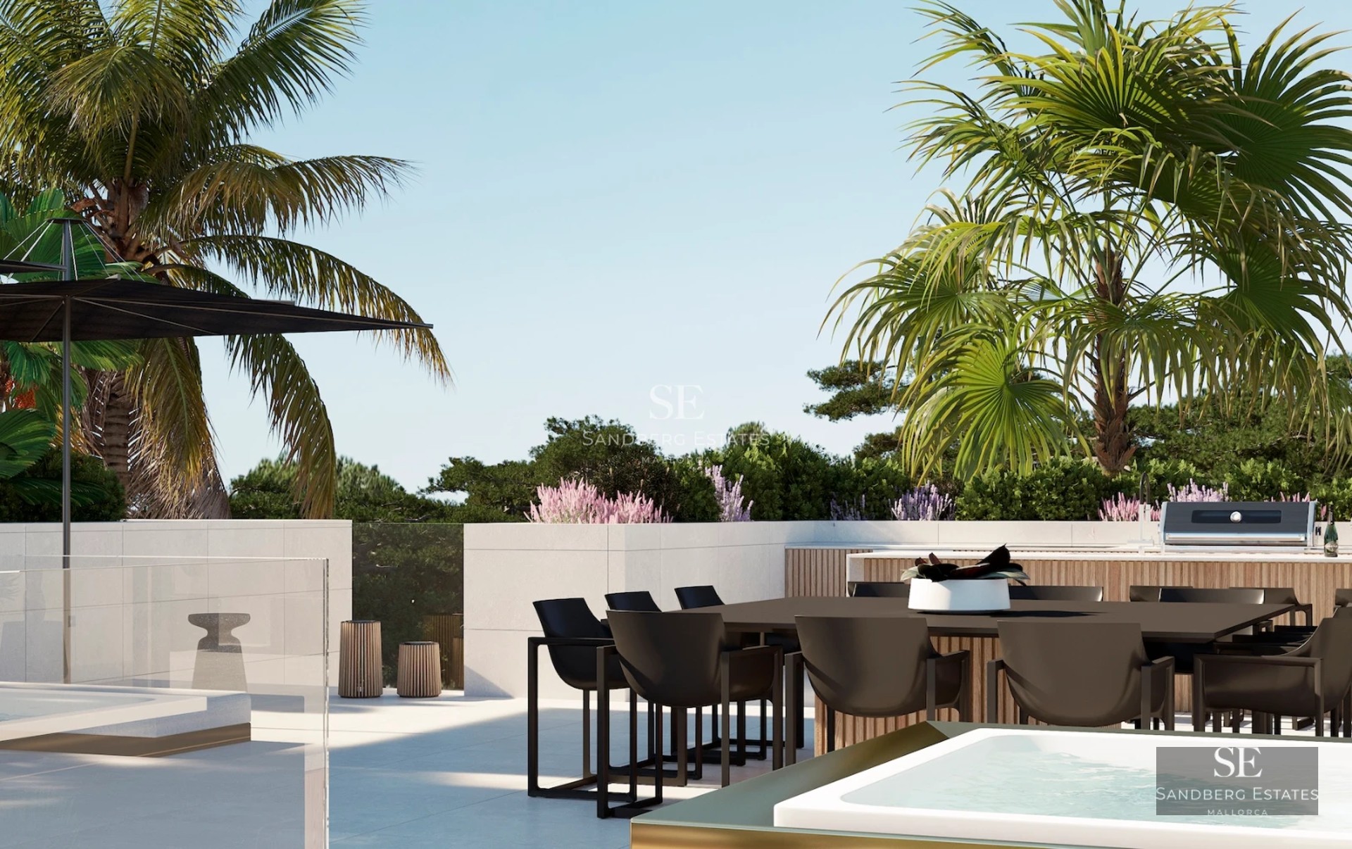 Image of a modern villa featuring an infinity pool, garden, and spacious terraces. Minimalist architecture with floor-to-ceiling windows and neutral colors.
