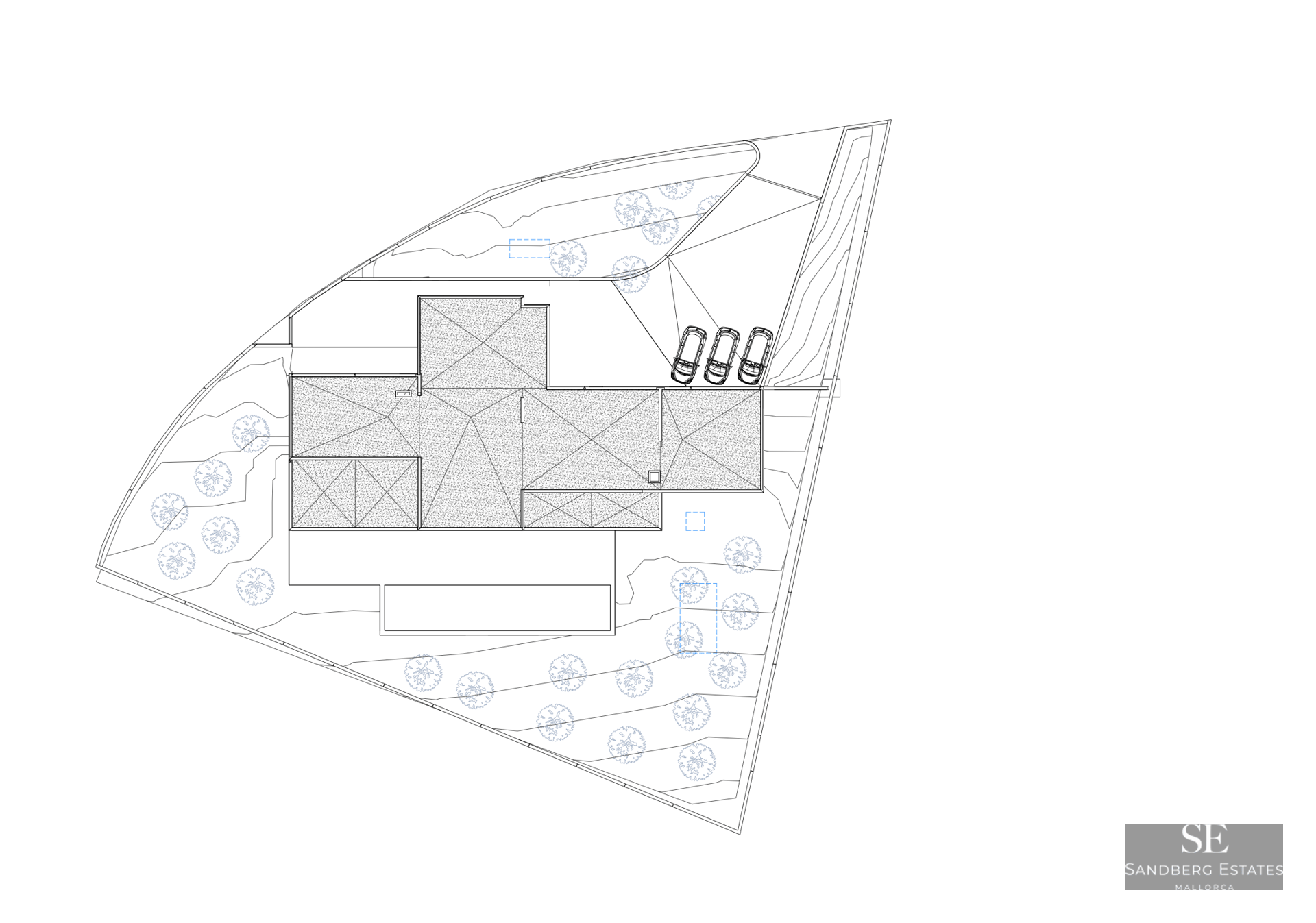 Plan technique en noir et blanc montrant l'implantation du bâtiment, le parking et les espaces paysagers.