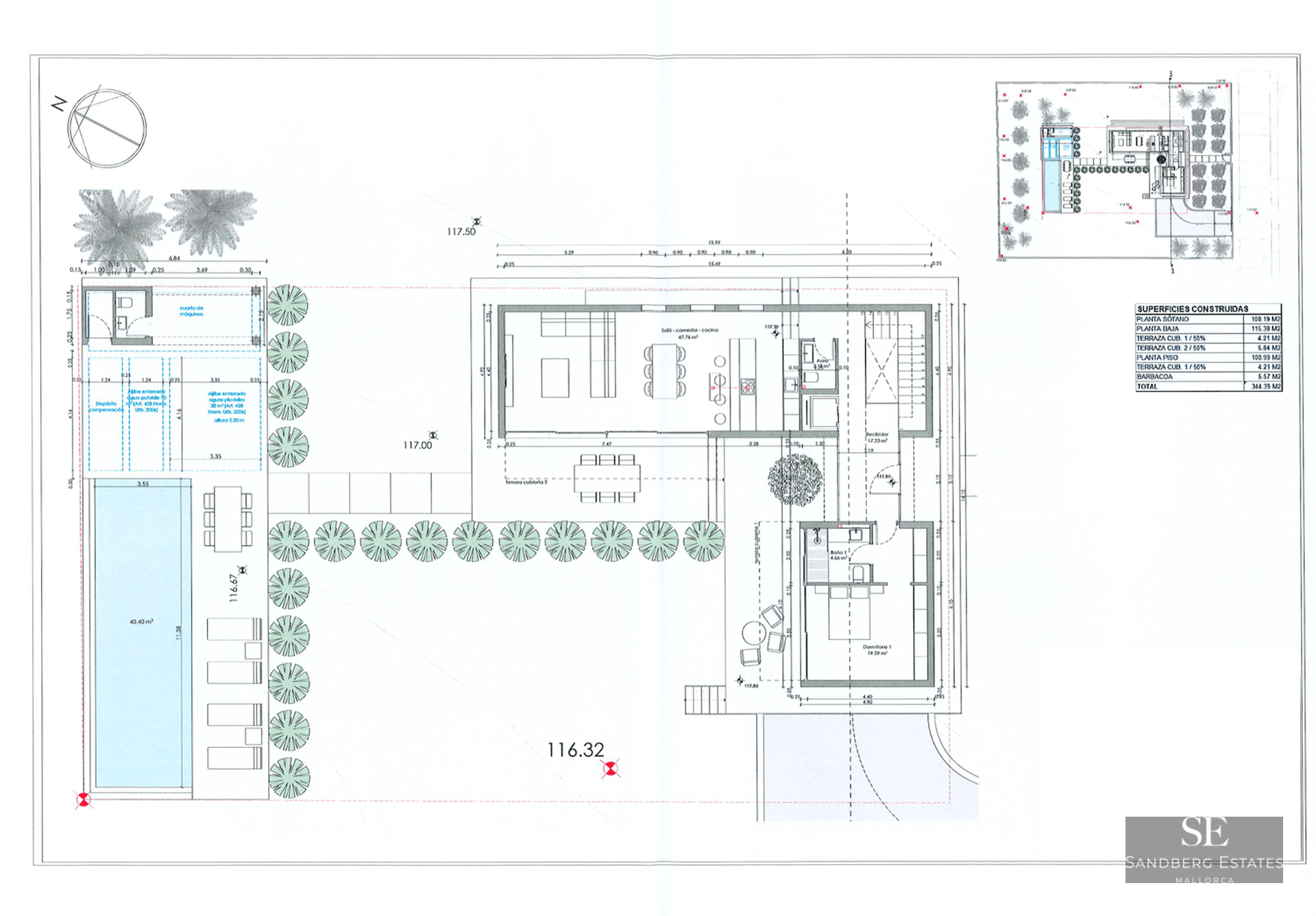 Architectural floor plan showing the layout of a villa with pool, garden, and living areas.
