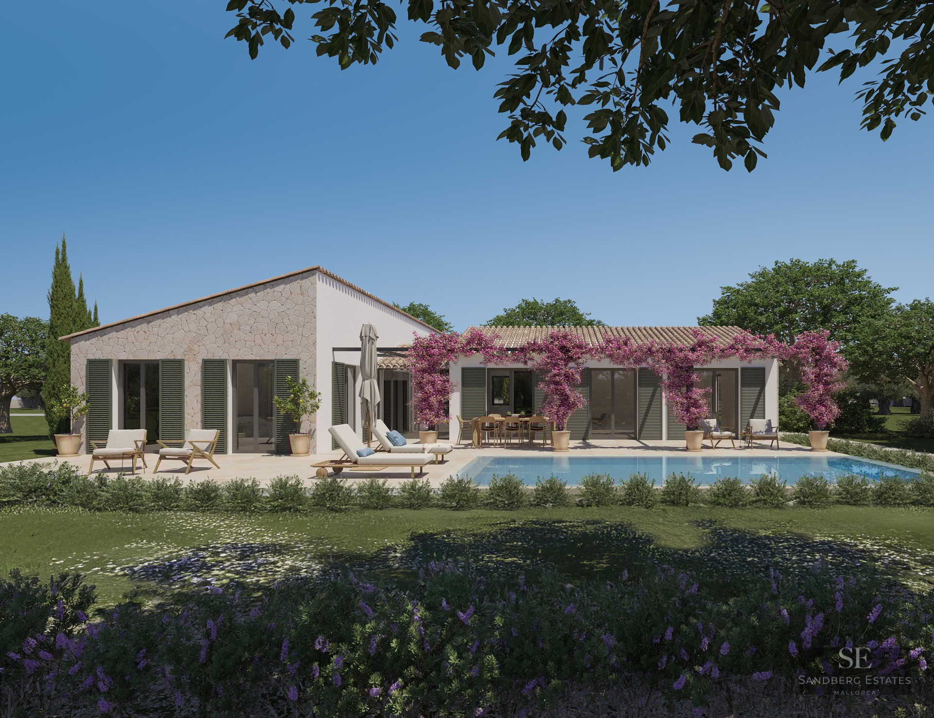 Mediterranean stone villa featuring a turquoise pool, sun loungers, and purple bougainvillea under a clear blue sky.