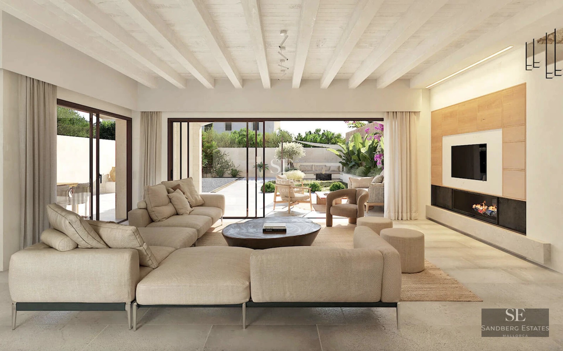 Expansive terrace with infinity pool, modern loungers, panoramic views. Minimalist and elegant design. Natural lighting.