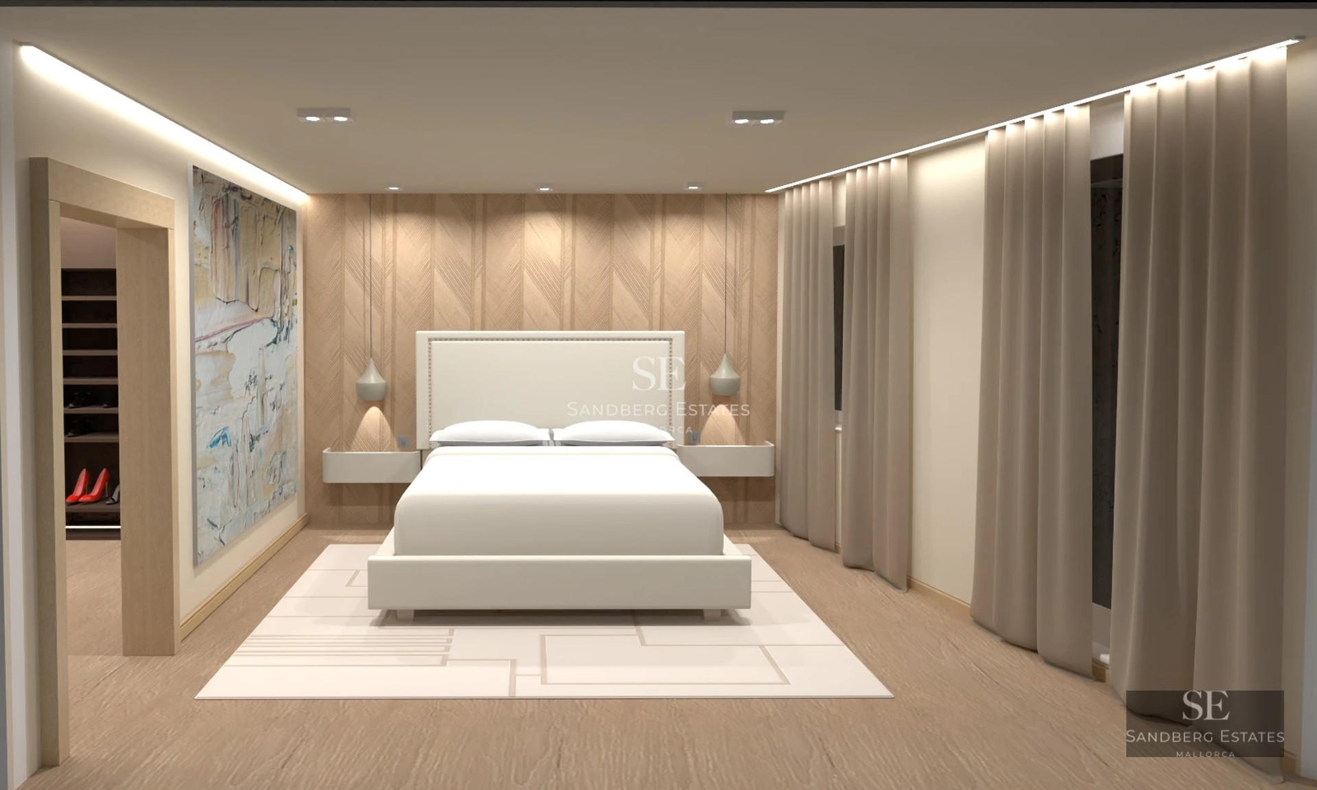 Spacious balcony with panoramic sea views. Glass railing, modern outdoor furniture, light wood flooring.