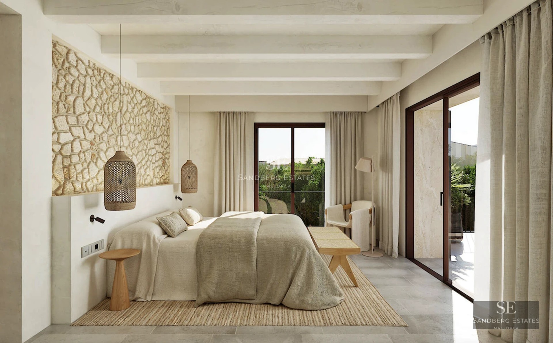 View of reflecting pool surrounded by lush garden and modern architecture. Soft sunset lighting.