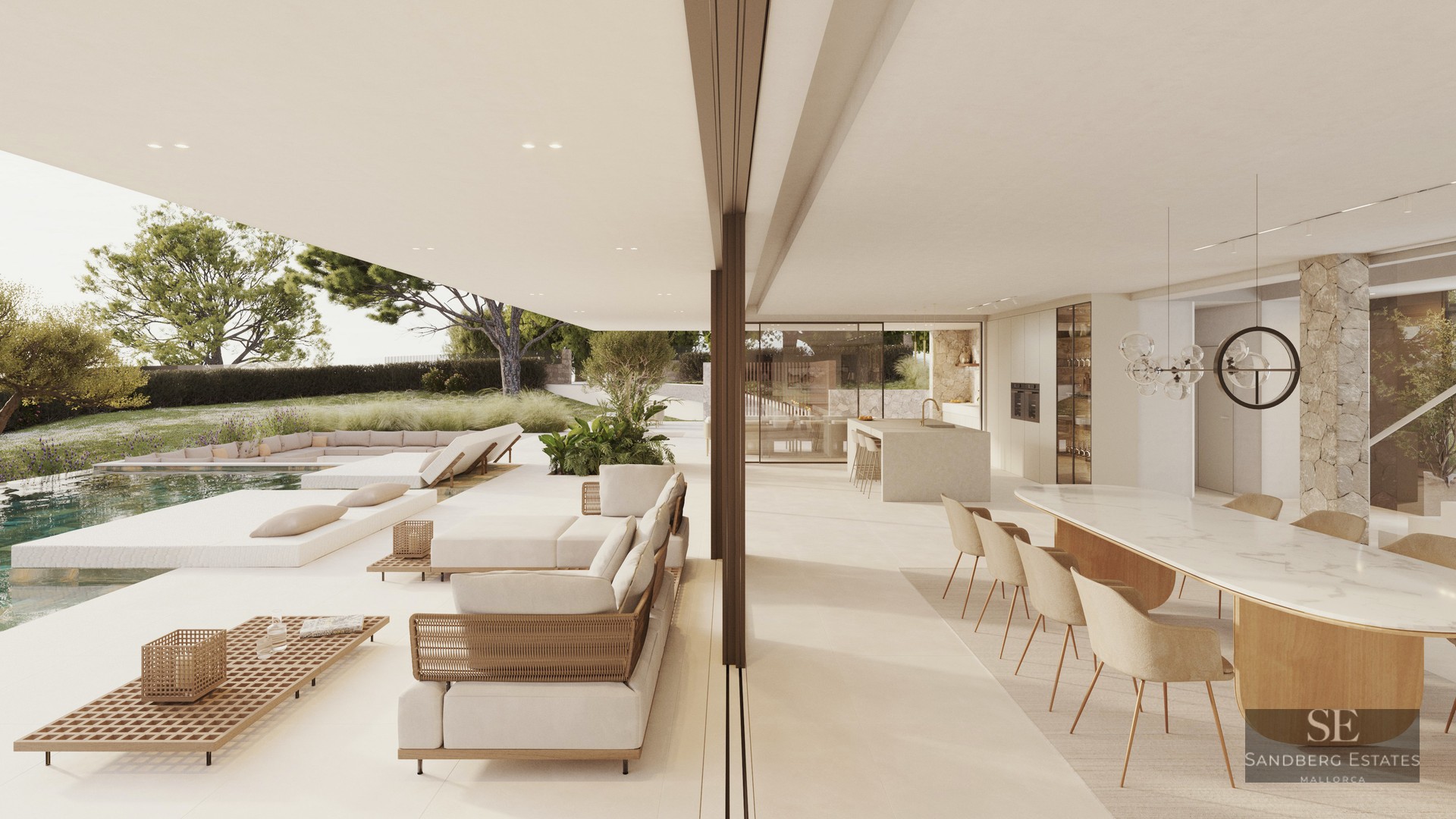 Modern luxury terrace with white lounge furniture and a pool next to an open-plan indoor dining area.