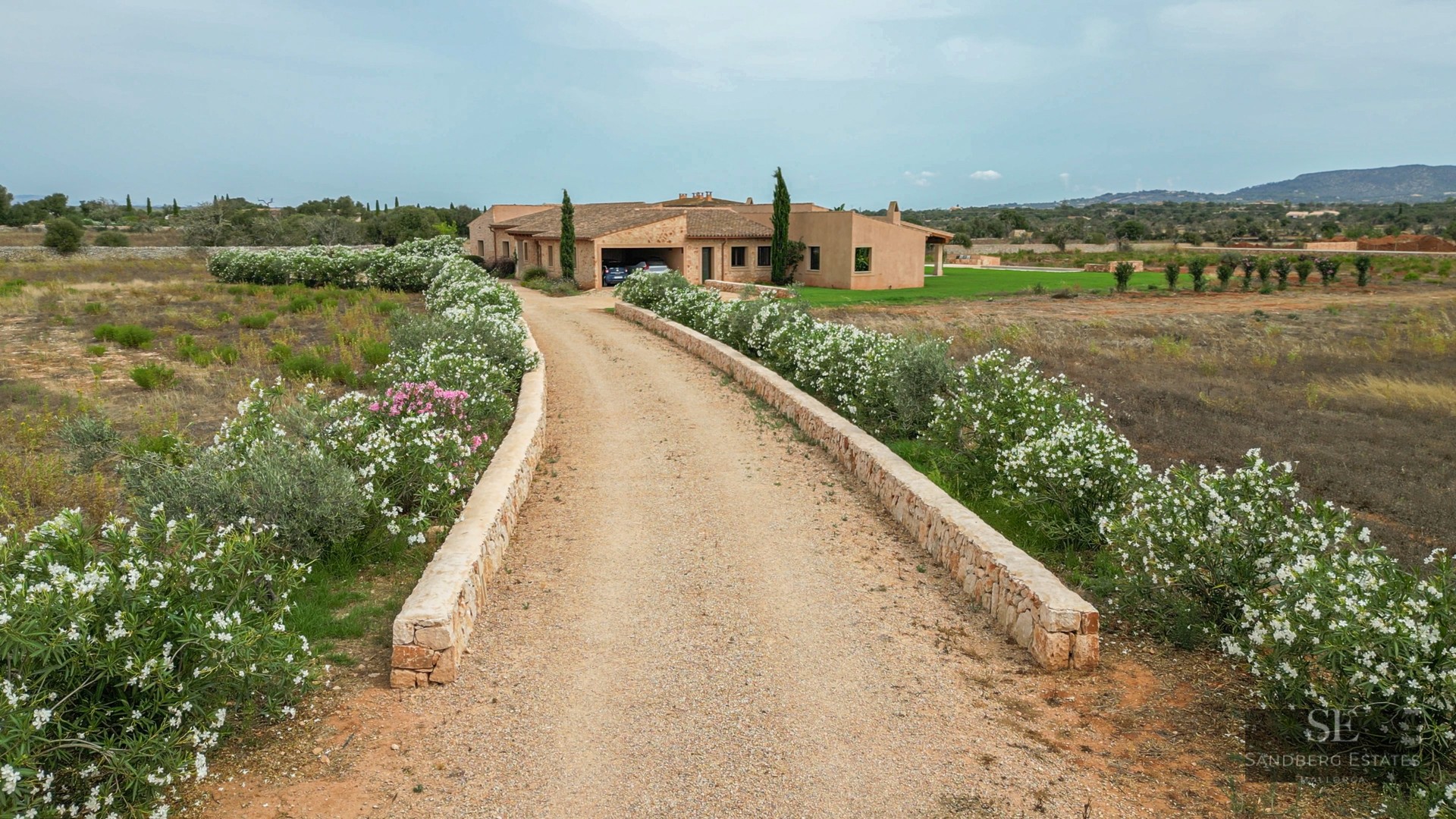 A gravel driveway lined with white oleander flowers leading to a rustic stone villa under a soft blue sky.