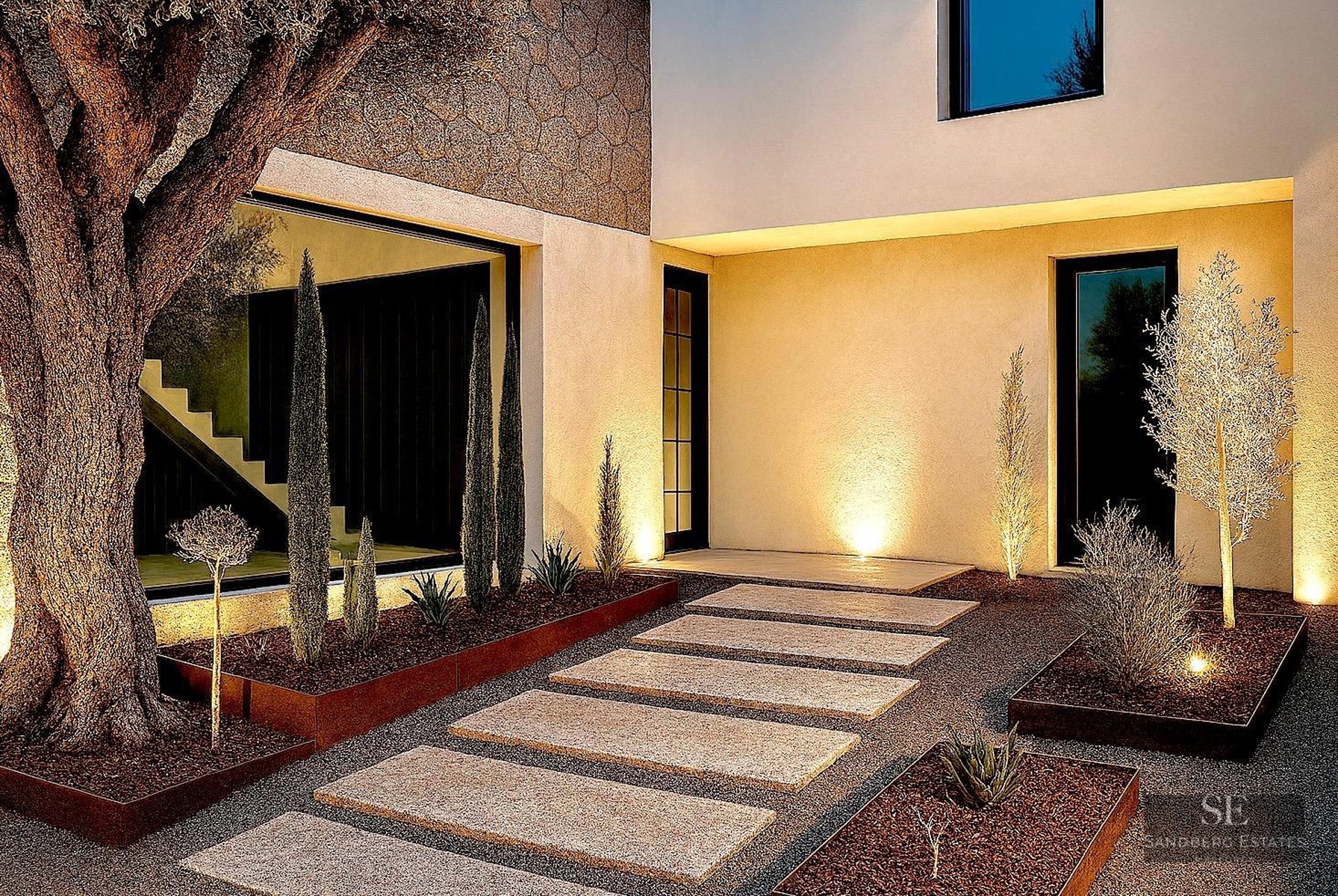 A stepping stone path leads to a modern home at dusk with an olive tree and warm ground lighting.