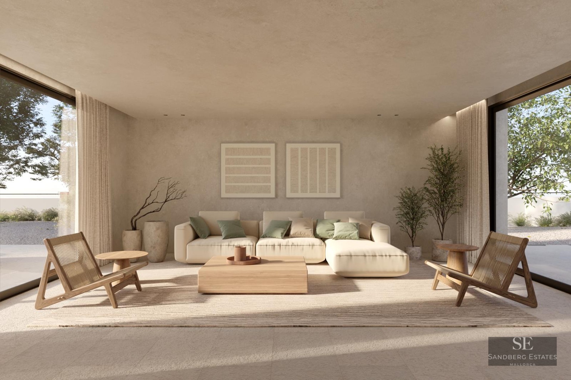 Spacious modern living room with cream sofa, wooden furniture, and floor-to-ceiling windows overlooking greenery.