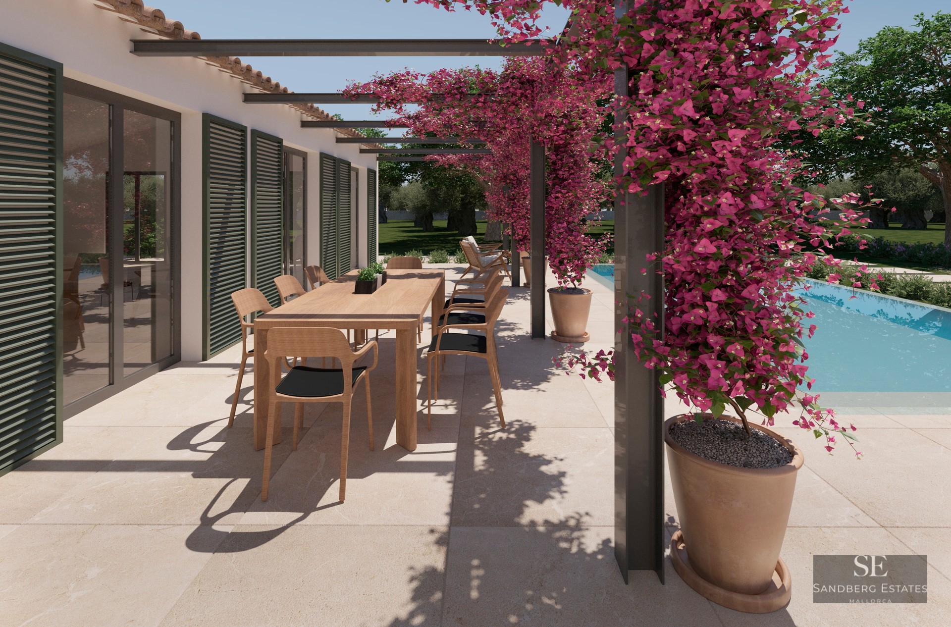 A sun-drenched outdoor terrace with a wooden dining table, pink bougainvillea climbing a pergola, and a turquoise pool.