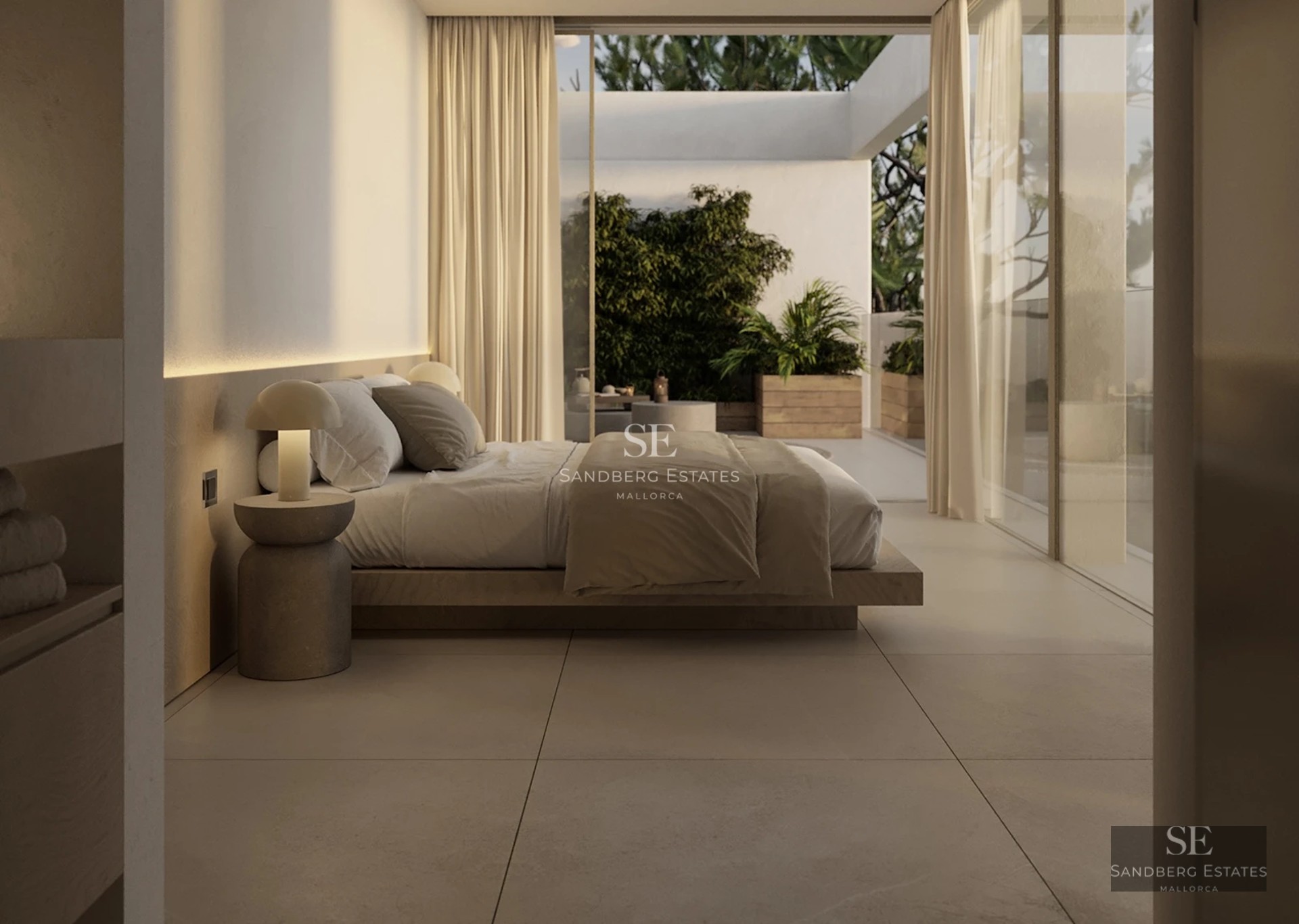 Exterior view of a modern villa with an infinity pool, surrounded by gardens and expansive sunny terraces. Minimalist architecture with large windows.