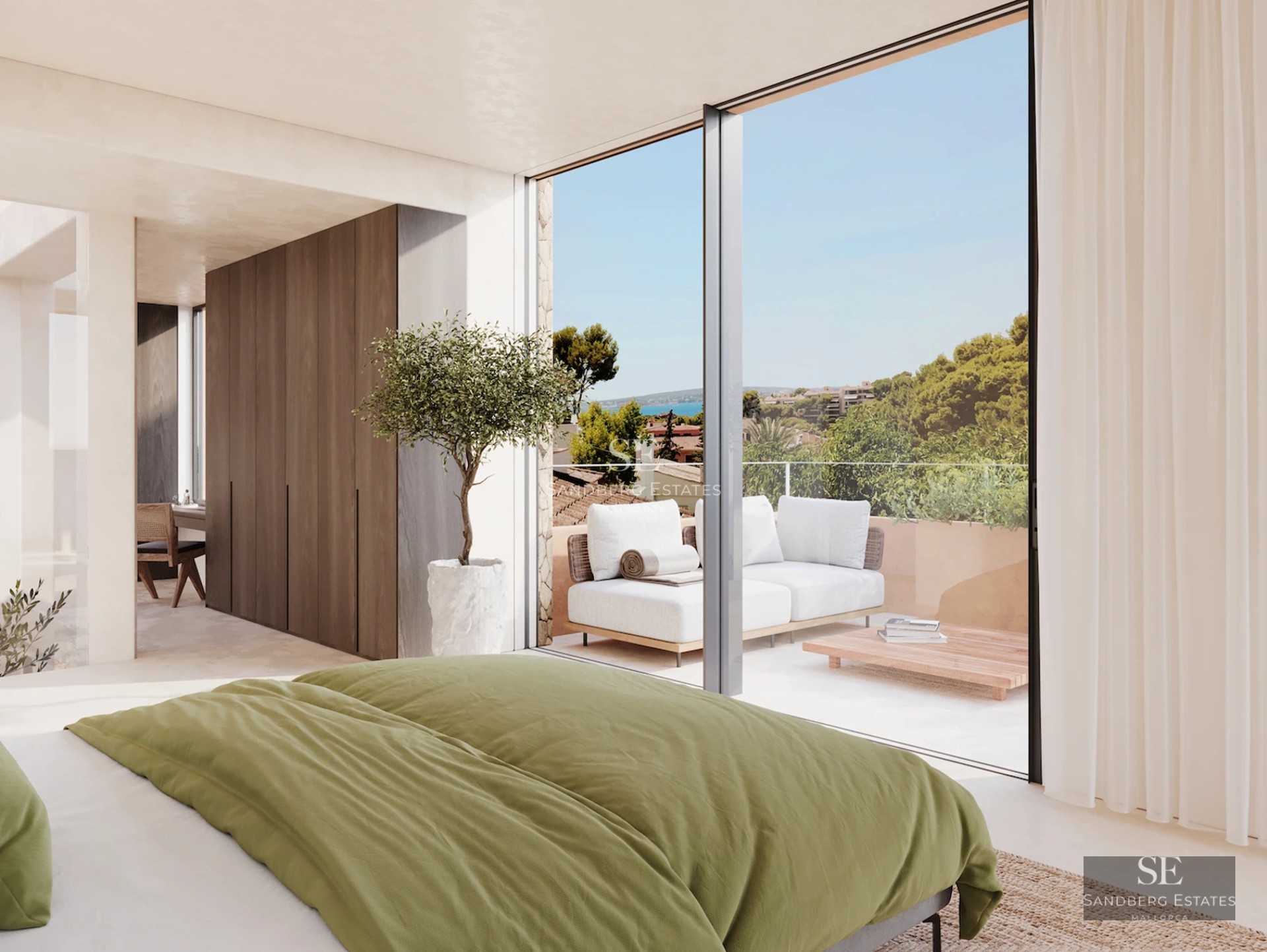 Spacious terrace with infinity pool. Modern design featuring glass railing and panoramic views. Elegant outdoor furniture.