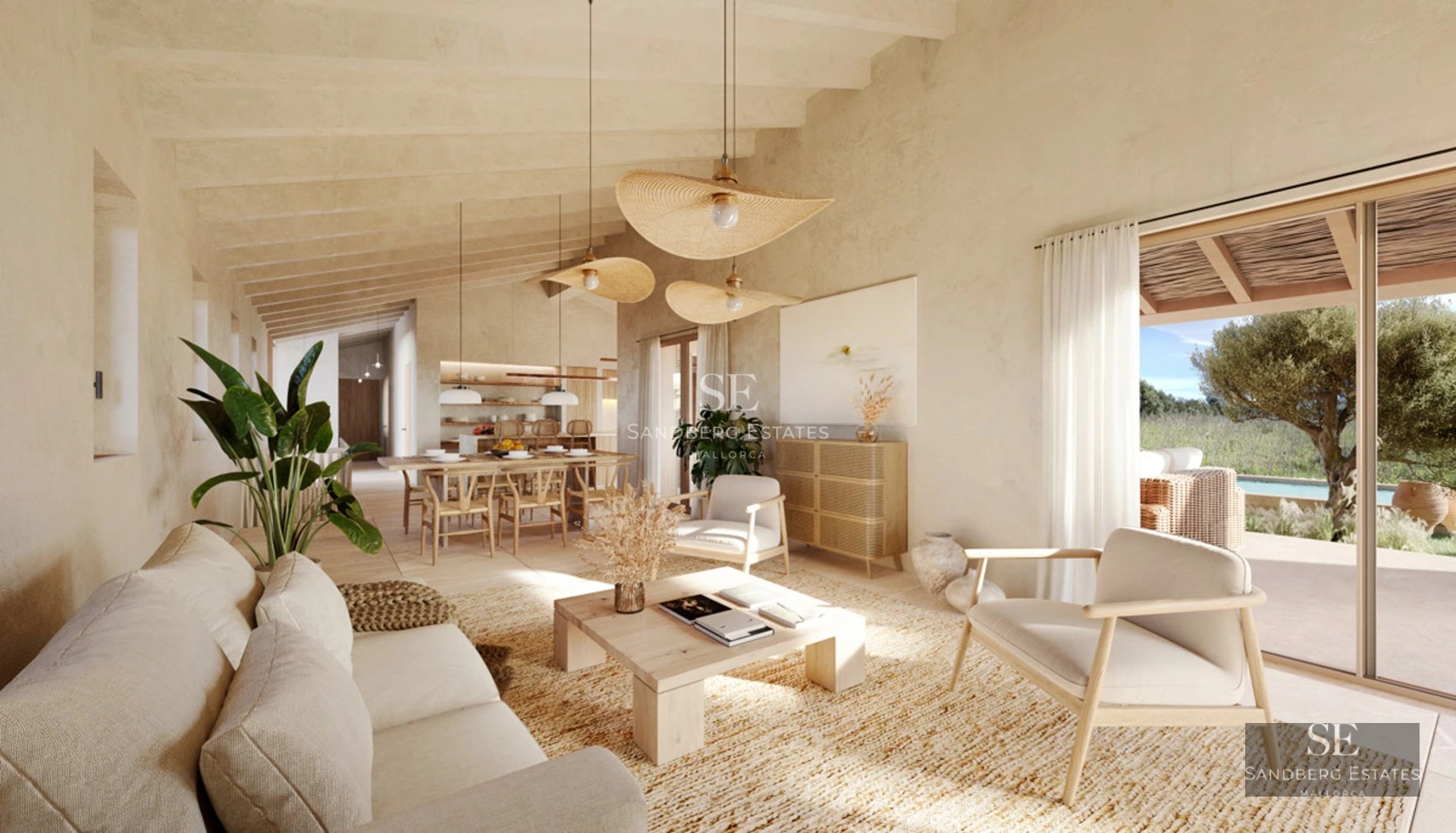 Exterior view of a modern villa with infinity pool, spacious terraces, and lush gardens. Minimalist architectural design.