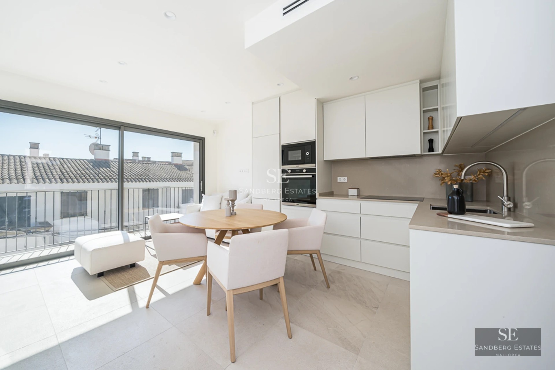 Exterior view of a modern villa with infinity pool, lush garden, and spacious terraces. Minimalist architecture with clean lines and large windows.