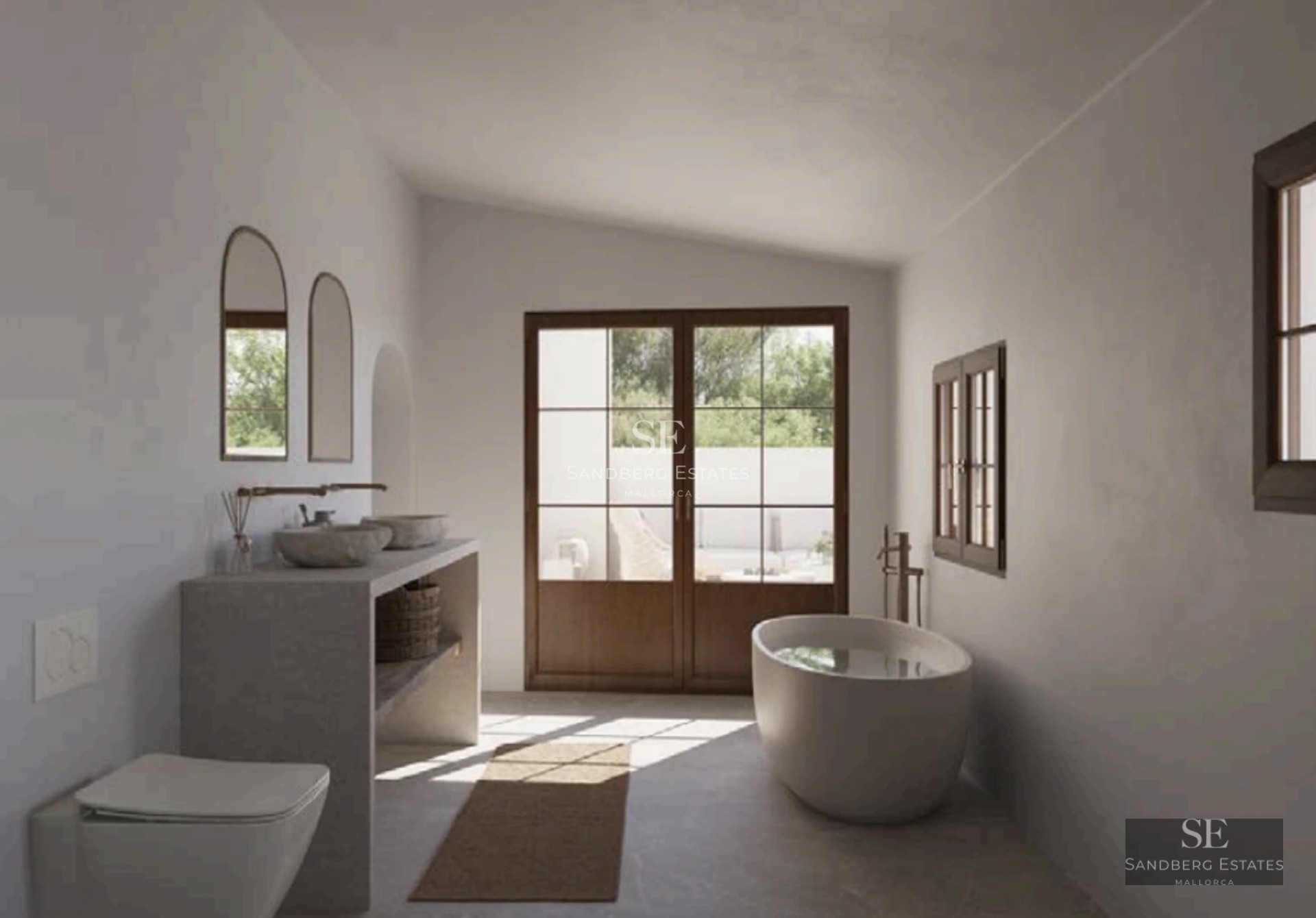 Exterior view of a modern villa with pool, expansive terraces, and lush vegetation. Contemporary architecture and elegant design.