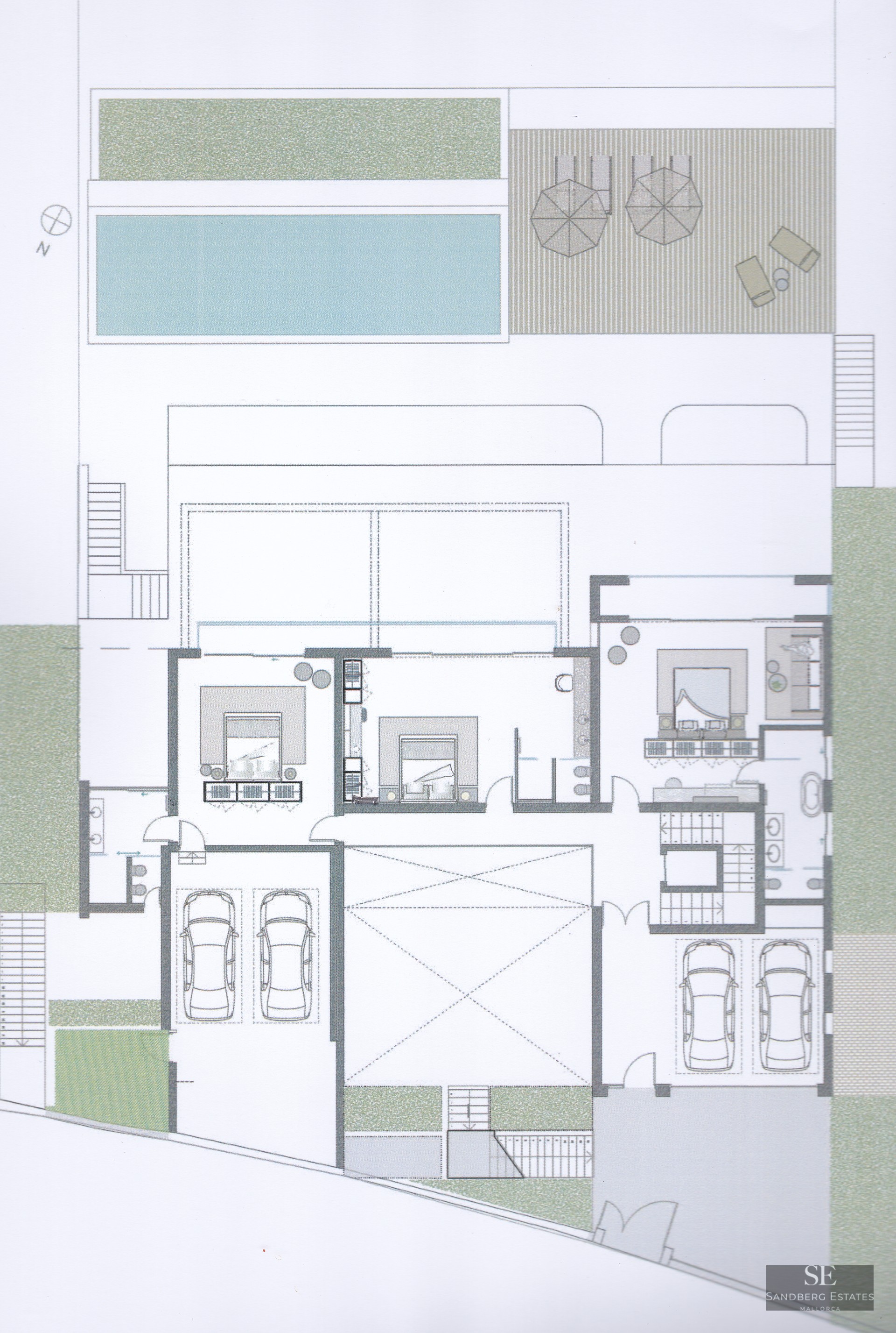 Detailed 2D architectural layout showing a villa with a pool, terrace, and double garage.