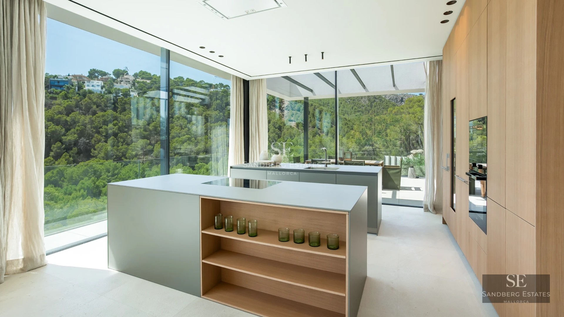 Exterior view of a modern villa with reflecting pool, landscaped gardens, and spacious terraces. Minimalist architectural design.