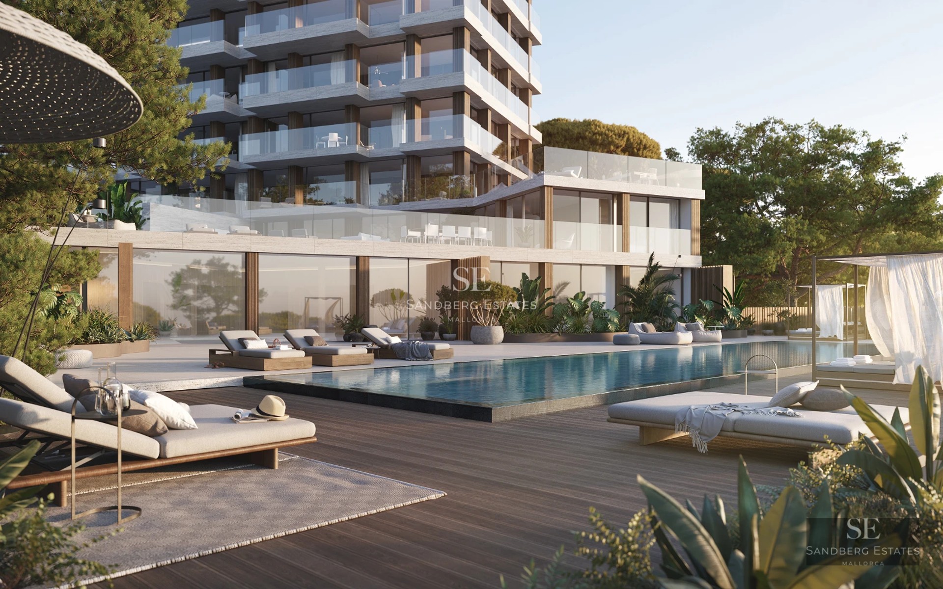 Spacious, bright living room with panoramic windows, designer sofas, modern fireplace and terrace access. Panoramic views.