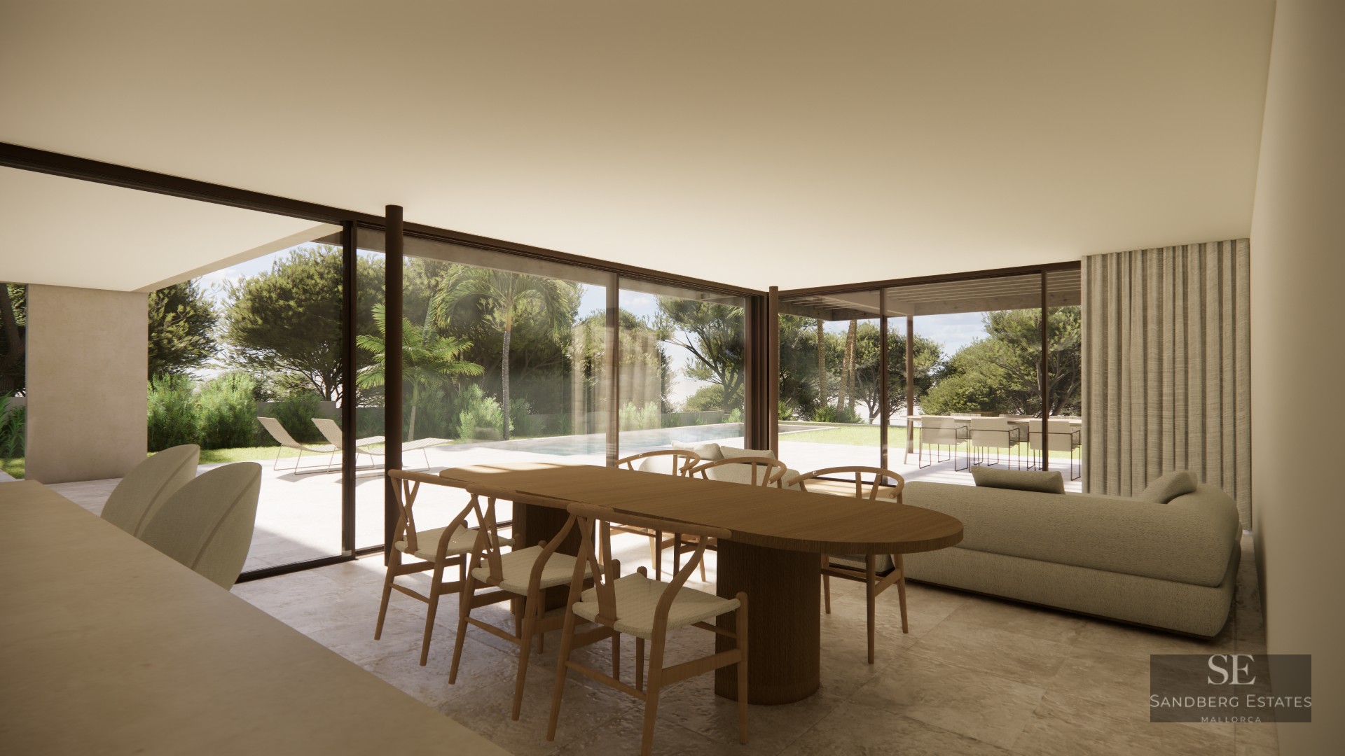 Modern open-plan living and dining room with floor-to-ceiling glass doors opening to a terrace, pool, and garden.